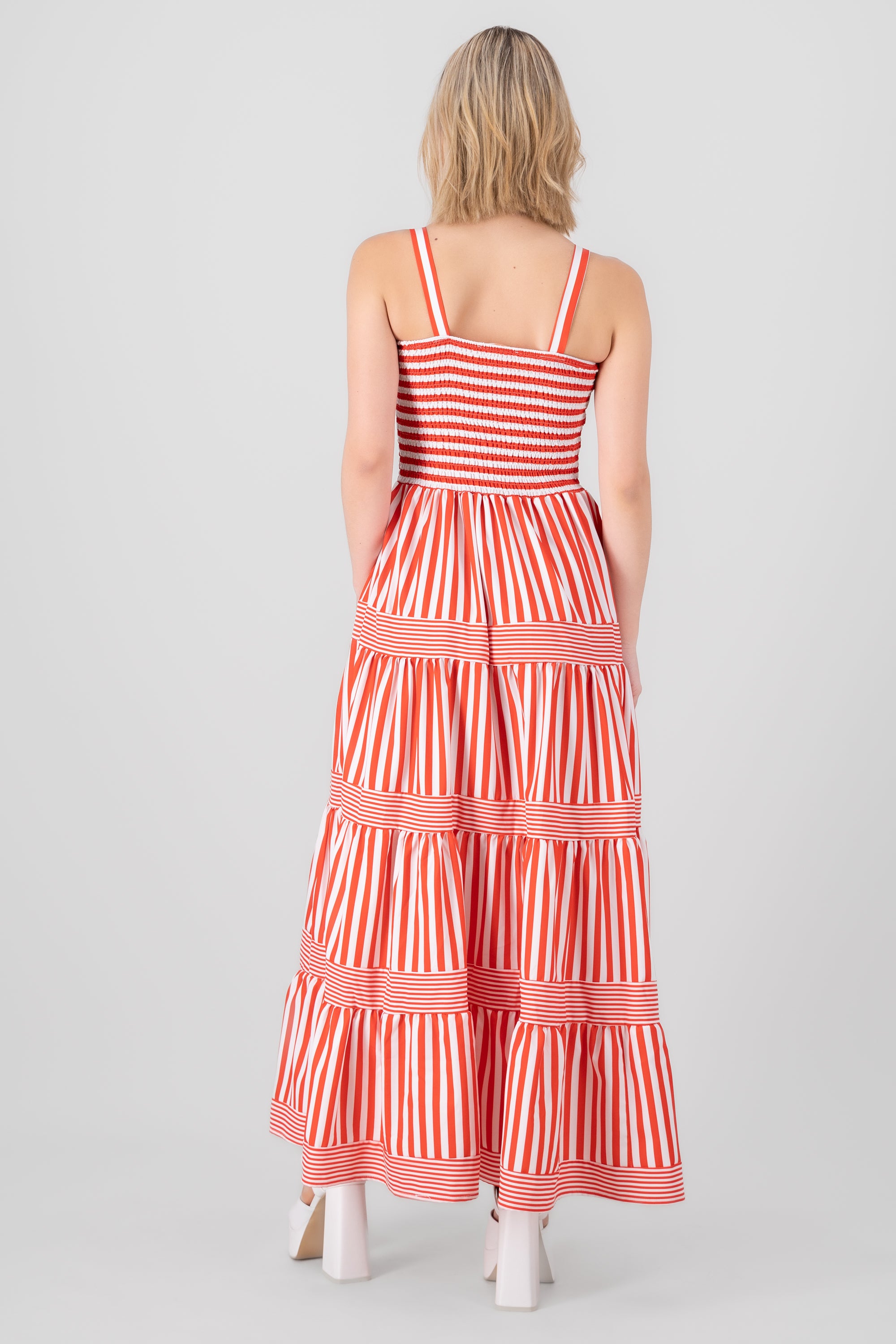 Striped Ruffled Sleeveless Maxi Day Dress RED COMBO