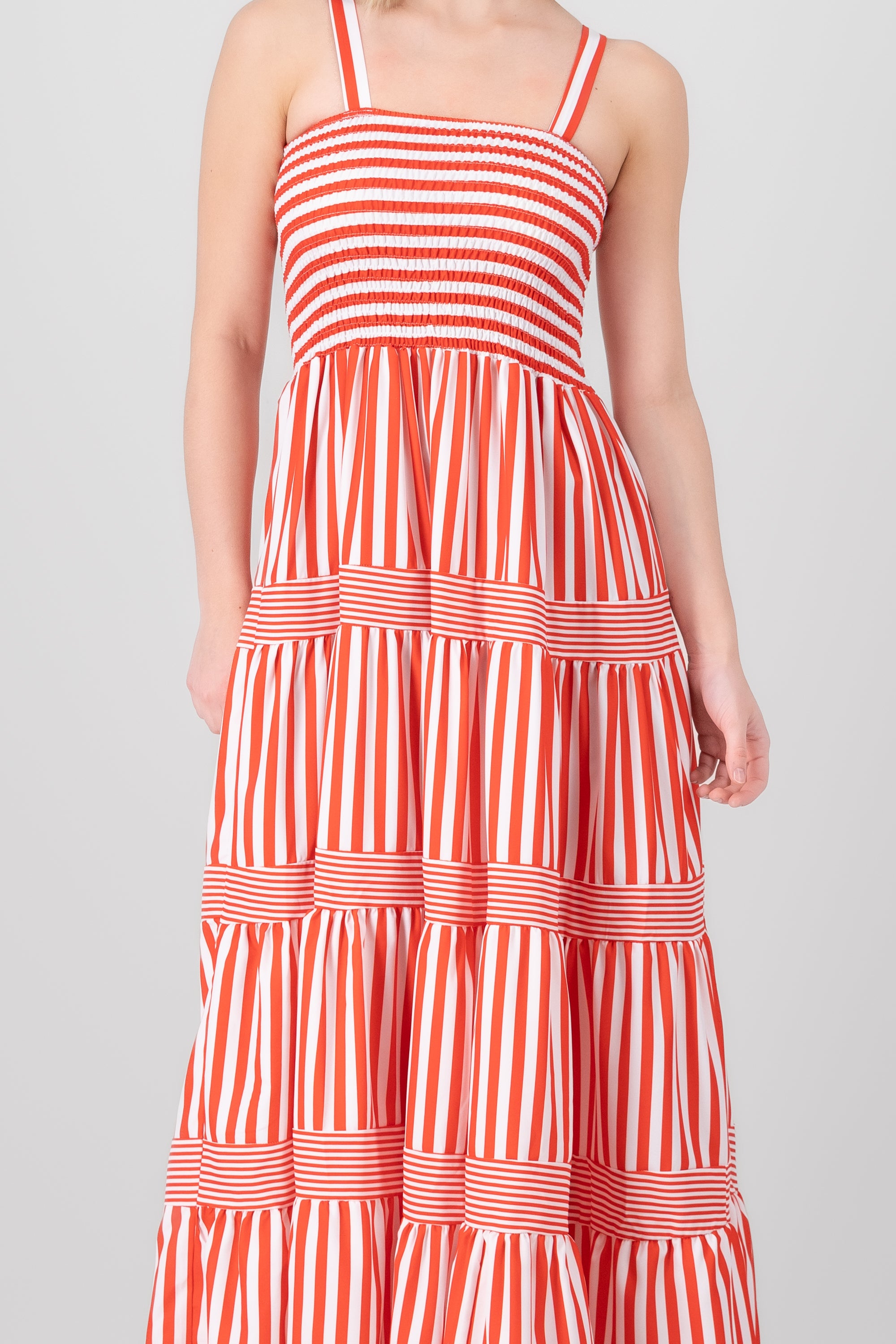 Striped Ruffled Sleeveless Maxi Day Dress RED COMBO