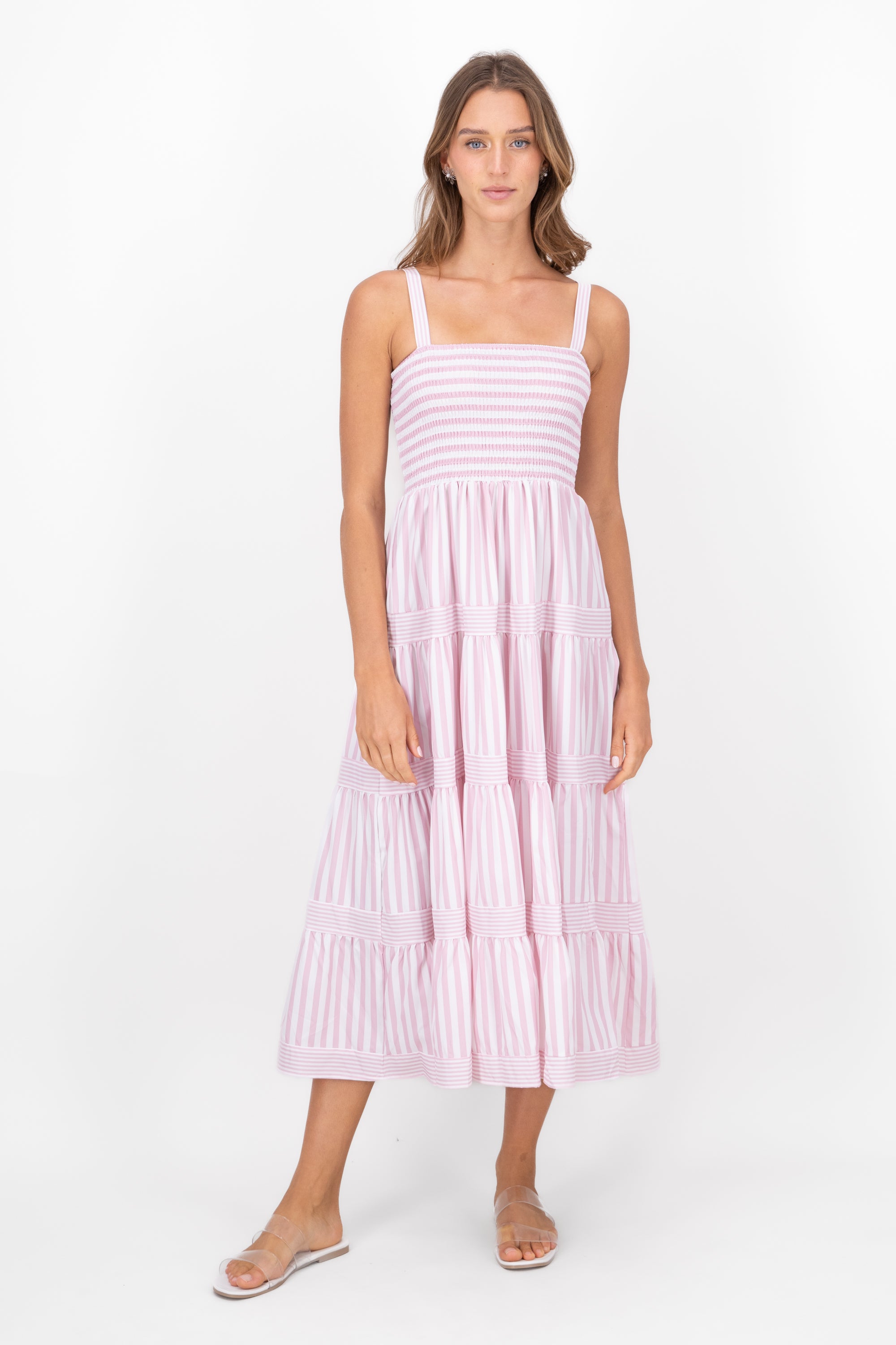 Striped Ruffled Sleeveless Maxi Day Dress PINK COMBO