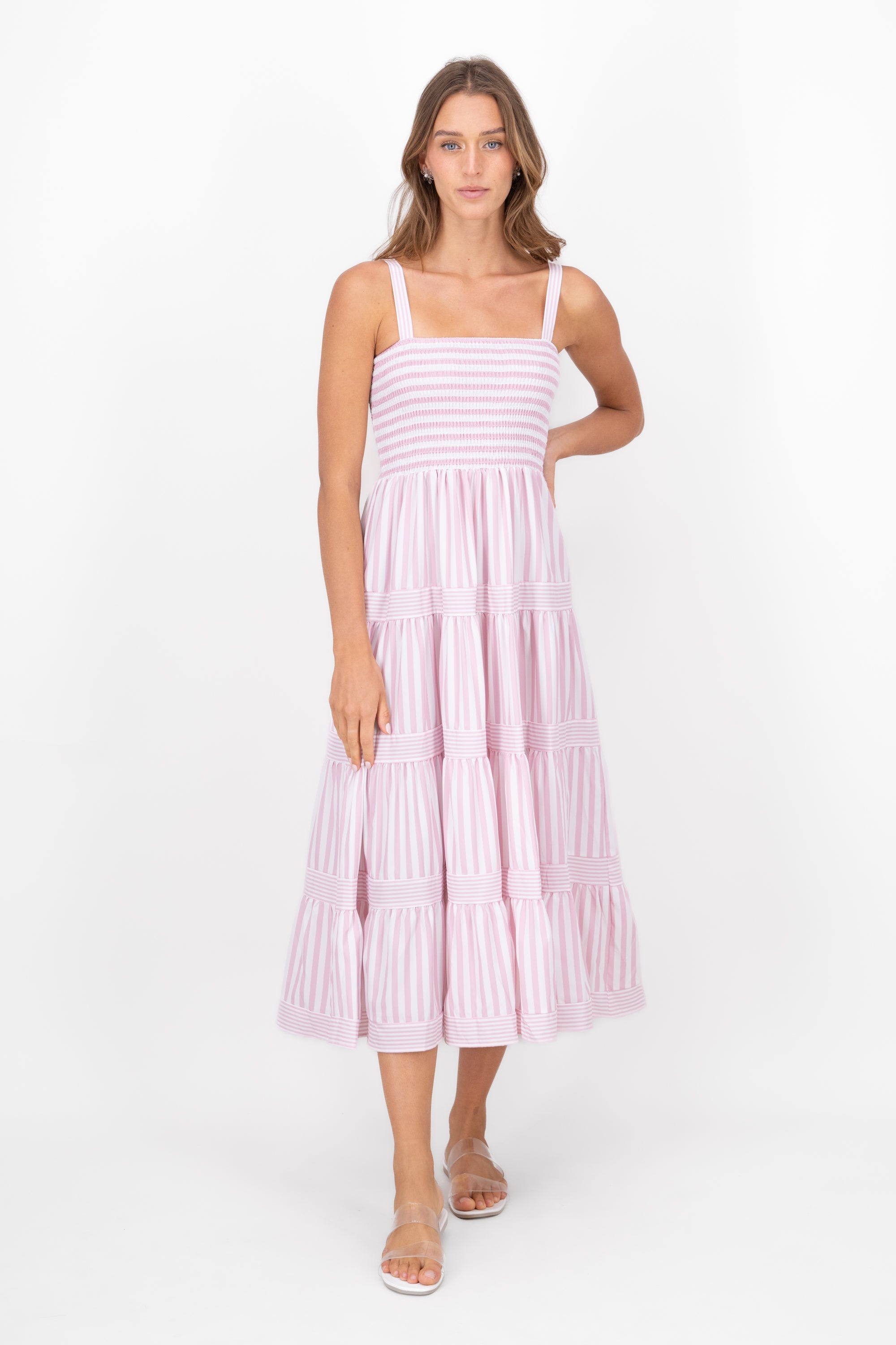 Striped Ruffled Sleeveless Maxi Day Dress PINK COMBO