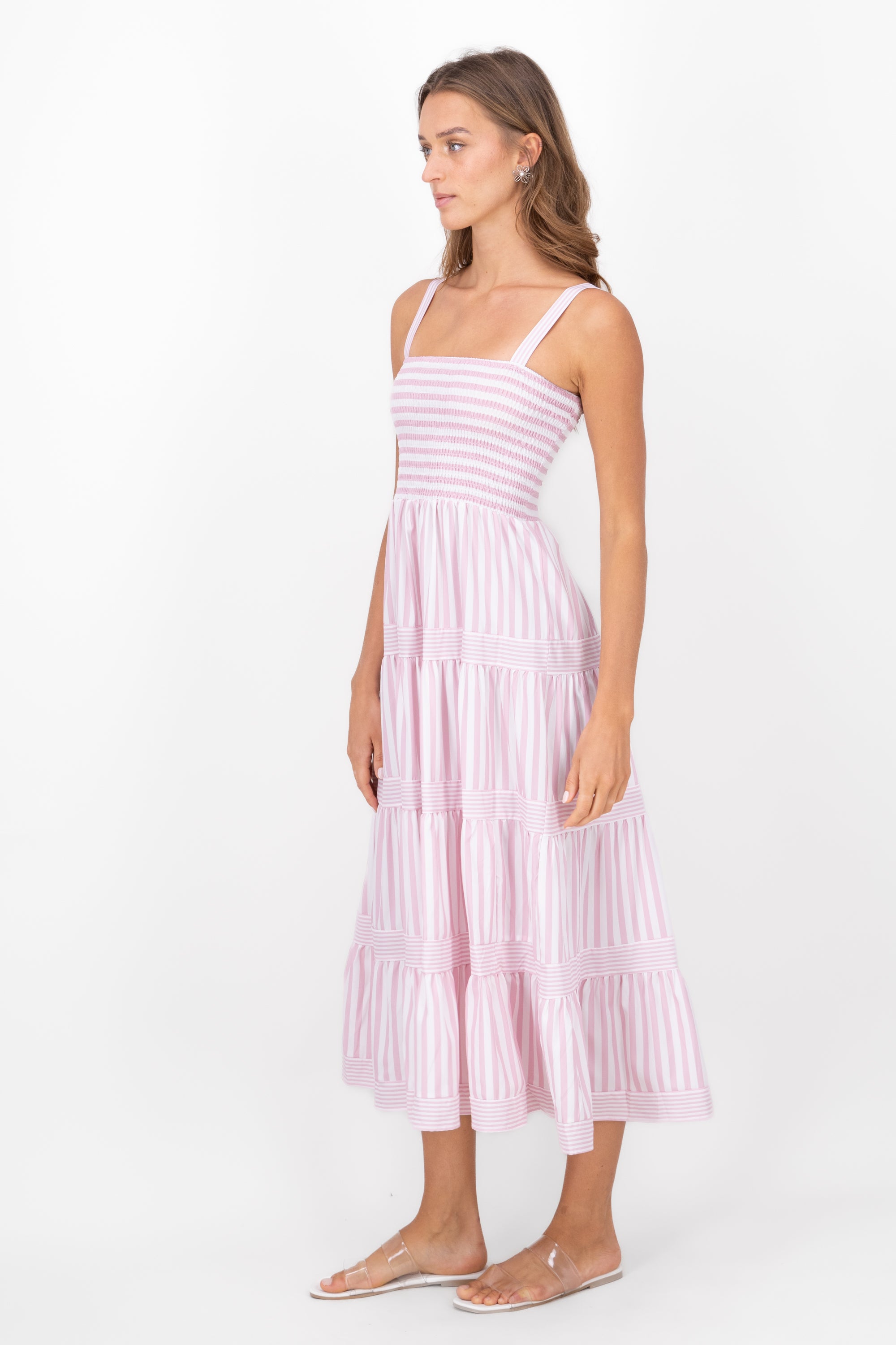 Striped Ruffled Sleeveless Maxi Day Dress PINK COMBO