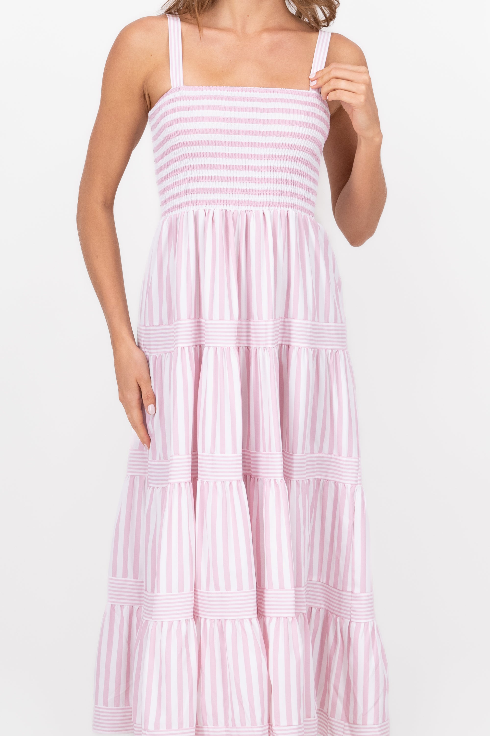 Striped Ruffled Sleeveless Maxi Day Dress PINK COMBO