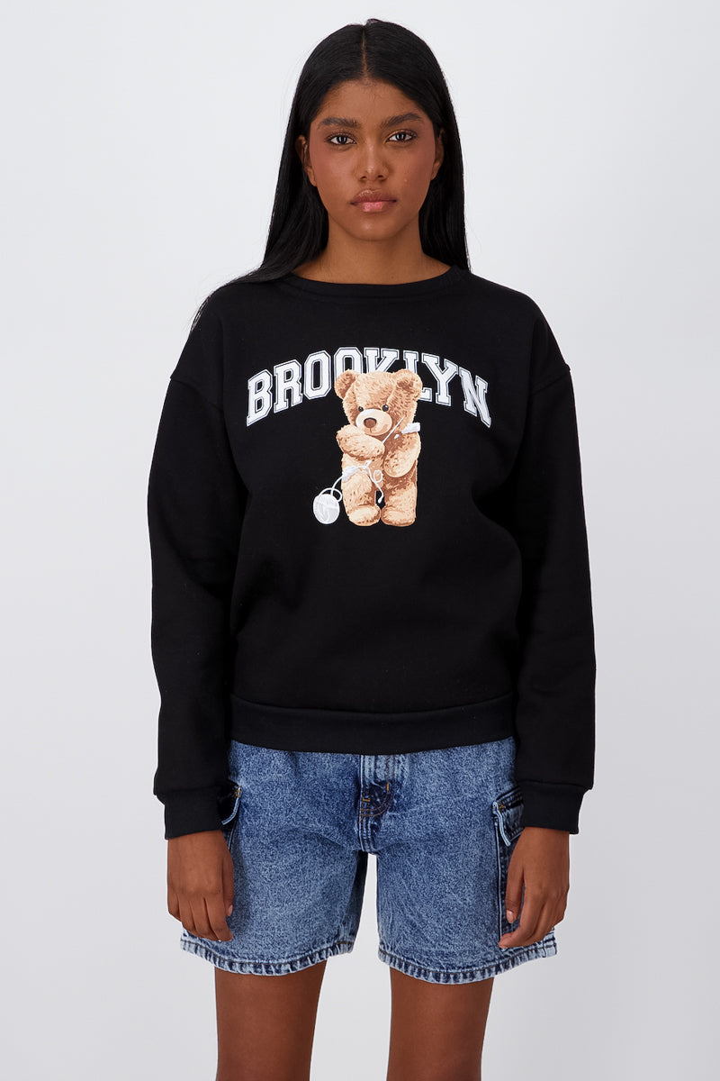 Brooklyn Bear Graphic Crewneck Sweater BLACK