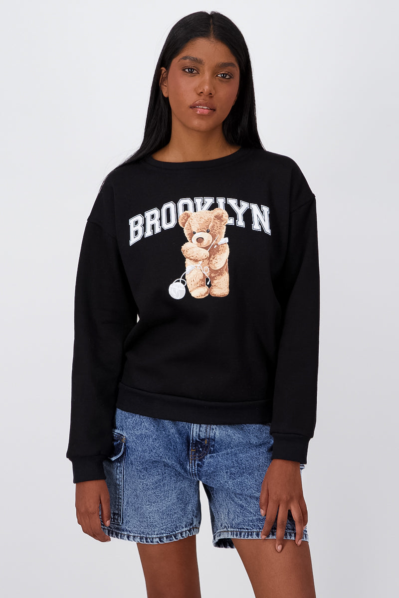 Brooklyn Bear Graphic Crewneck Sweater BLACK