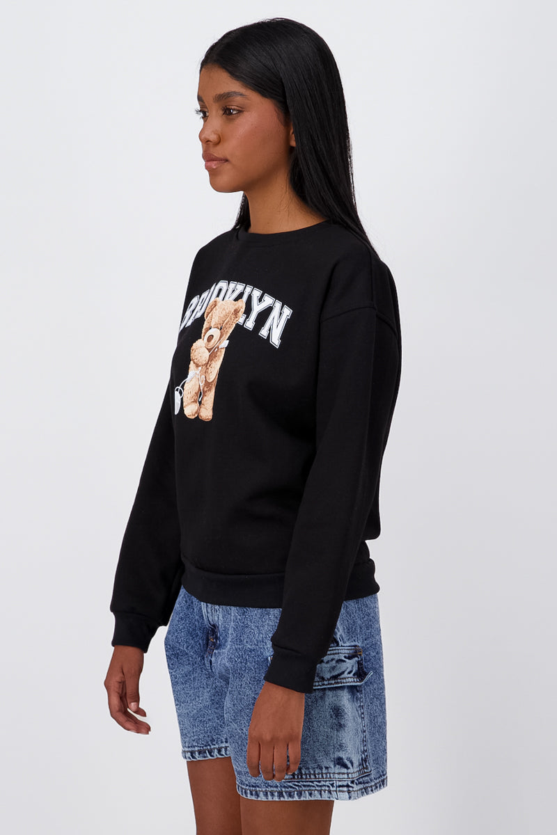 Brooklyn Bear Graphic Crewneck Sweater BLACK