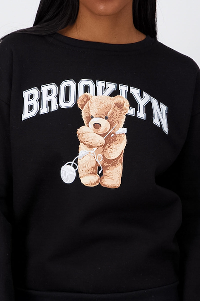 Brooklyn Bear Graphic Crewneck Sweater BLACK