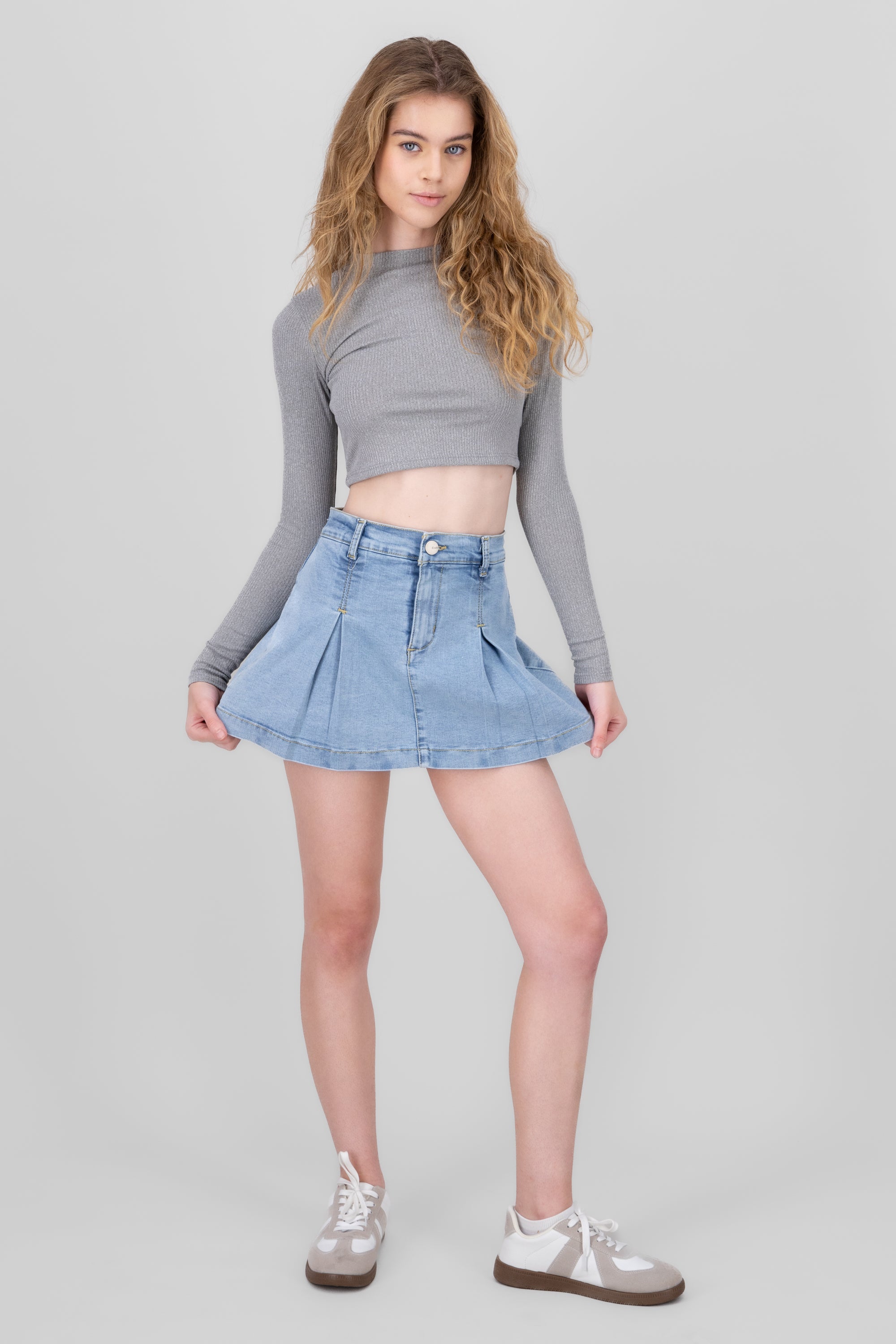 Denim Mini Pleat Skort LIGHT STONE