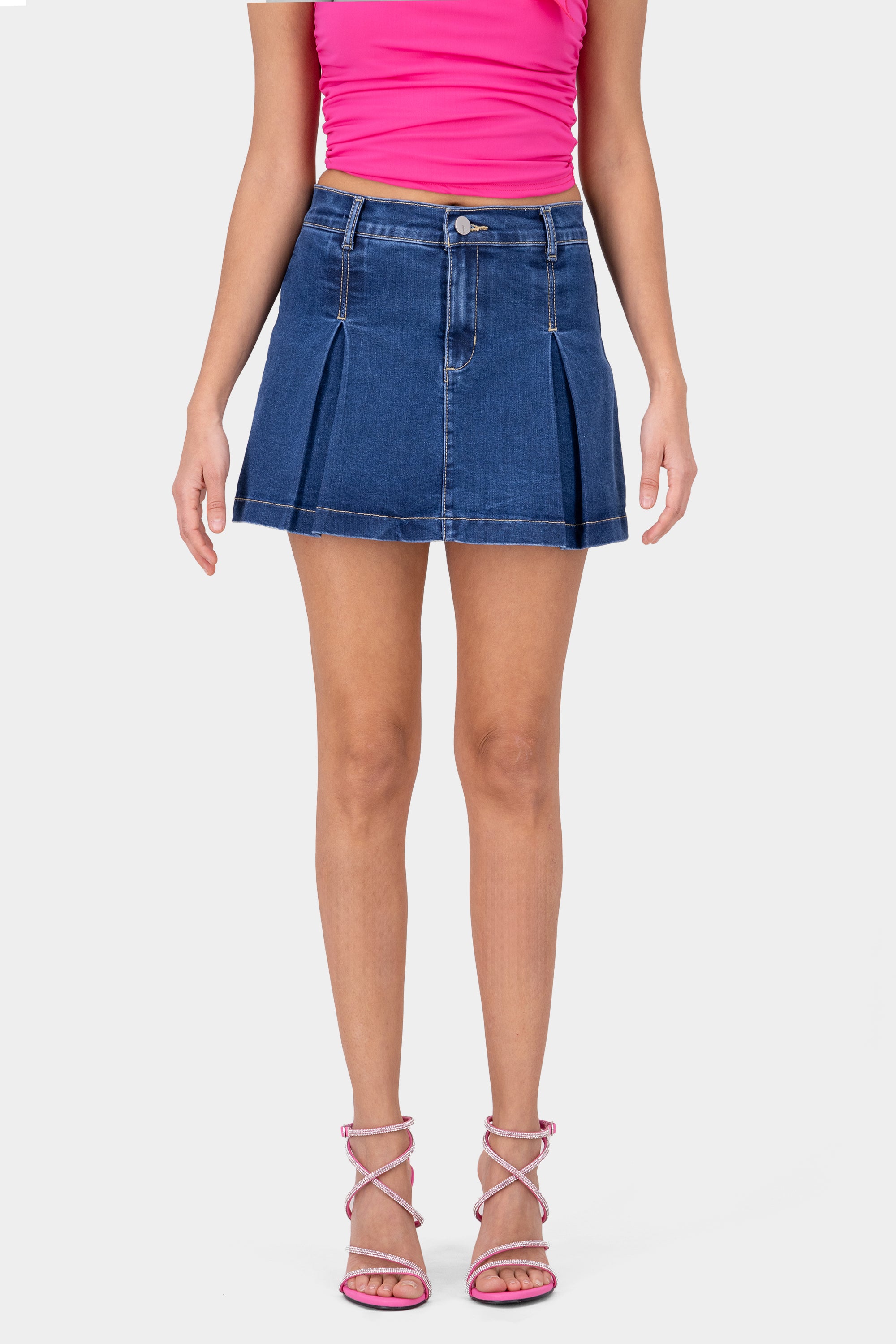 Denim Mini Pleat Skort STONE