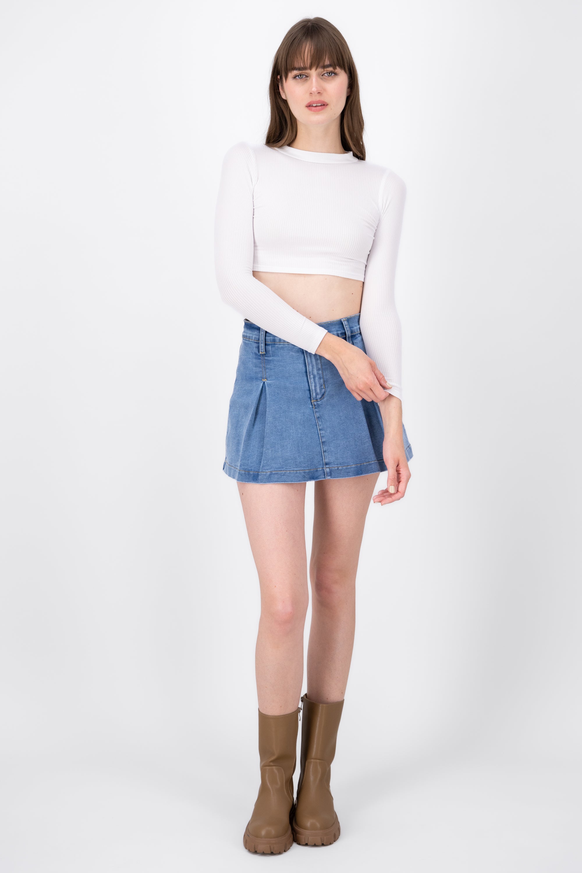 Denim Mini Pleat Skort MEDIUM STONE