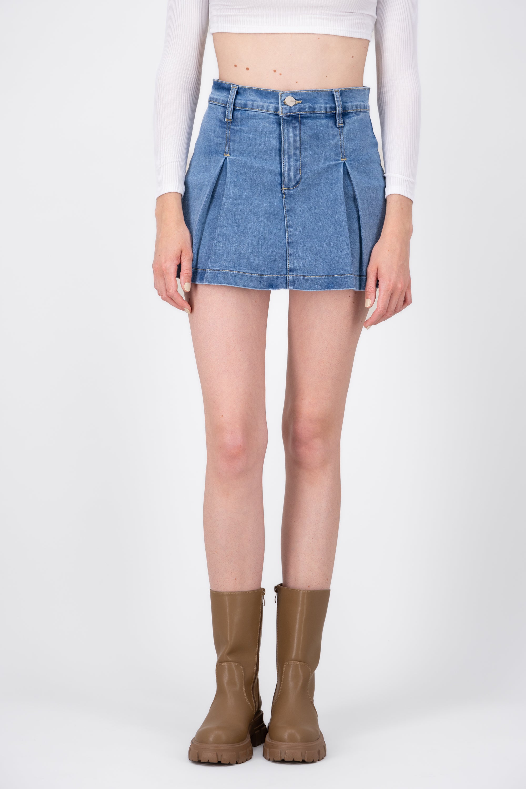 Denim Mini Pleat Skort MEDIUM STONE