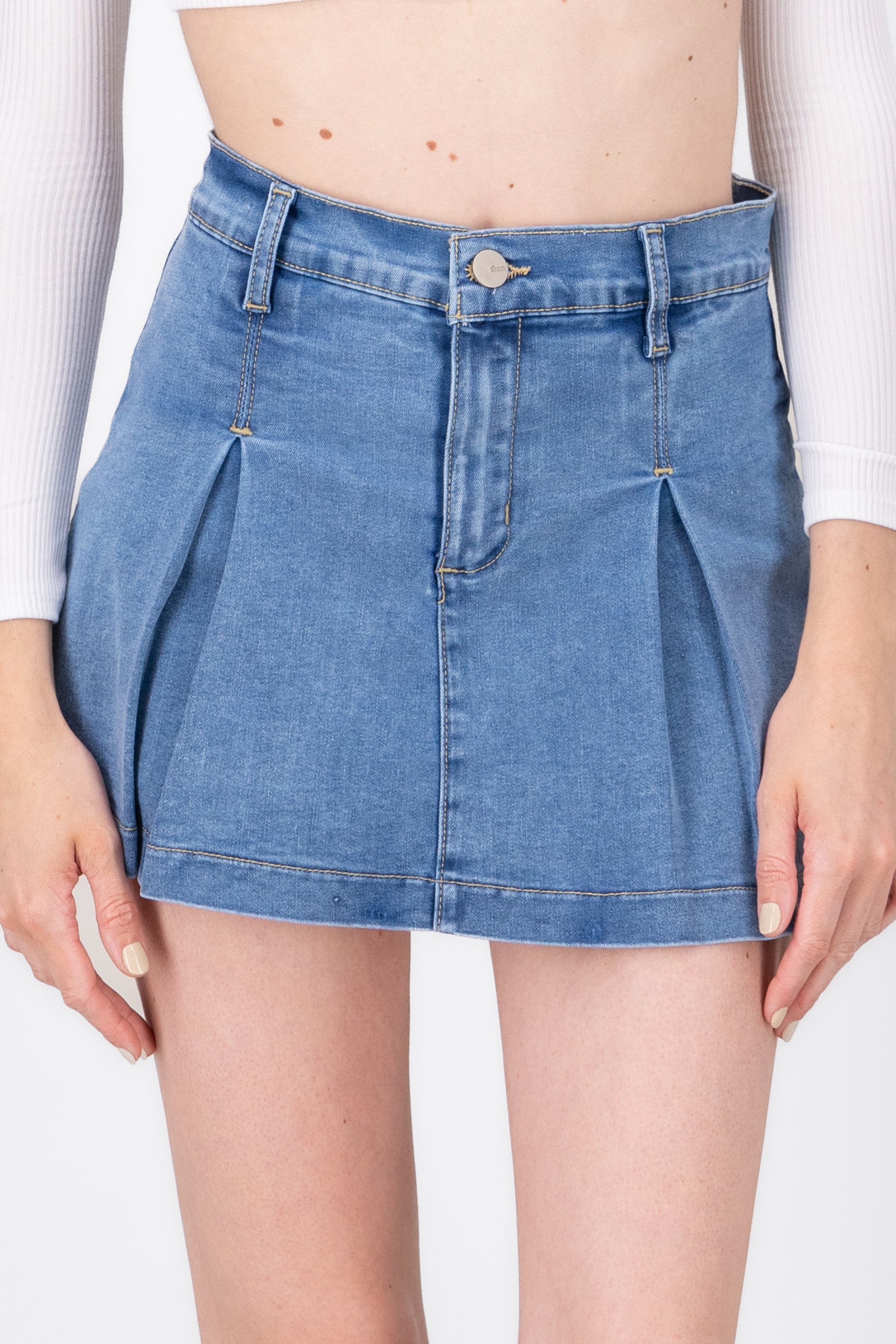 Denim Mini Pleat Skort MEDIUM STONE