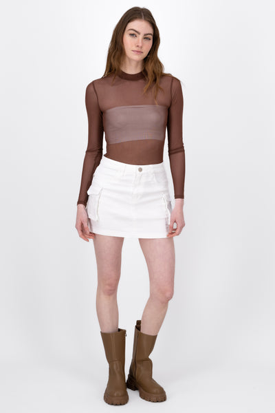 Fitted Denim Cargo Mini Skirt KHAKI