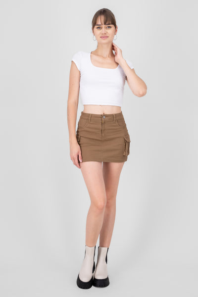 Fitted Denim Cargo Mini Skirt KHAKI