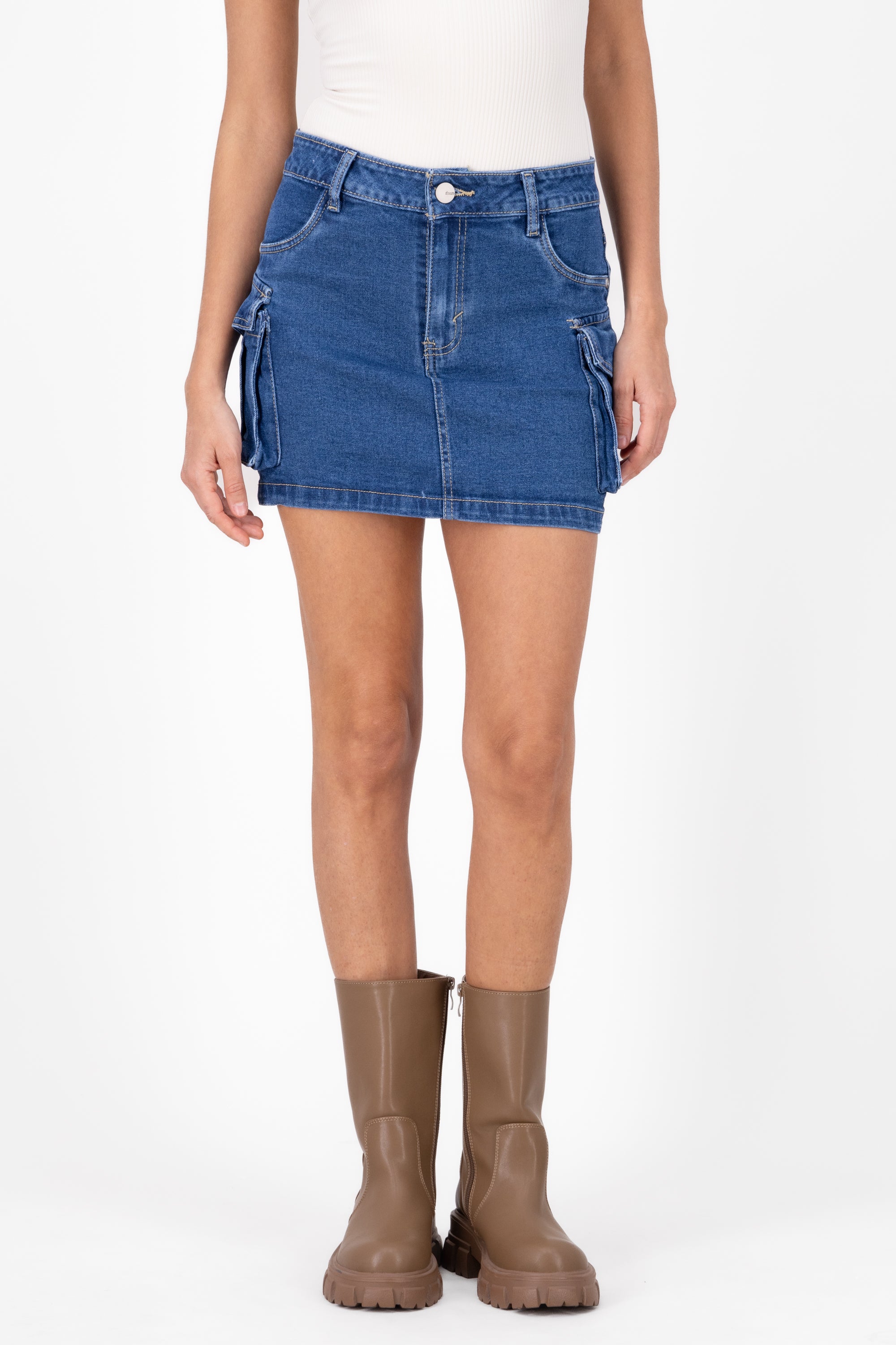 Fitted Denim Cargo Mini Skirt STONE