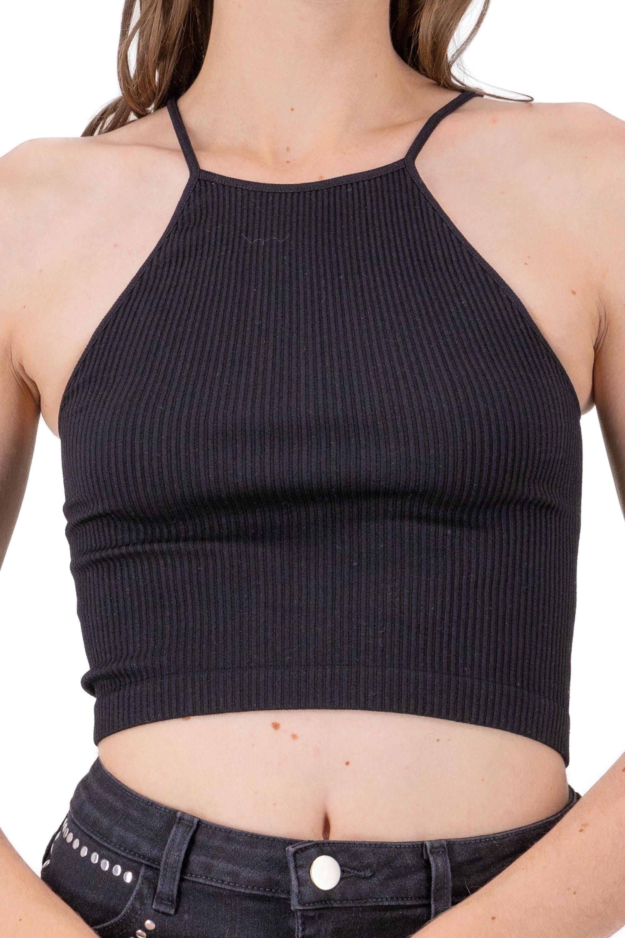 Spaghetti Strap Halter Crop Top BLACK