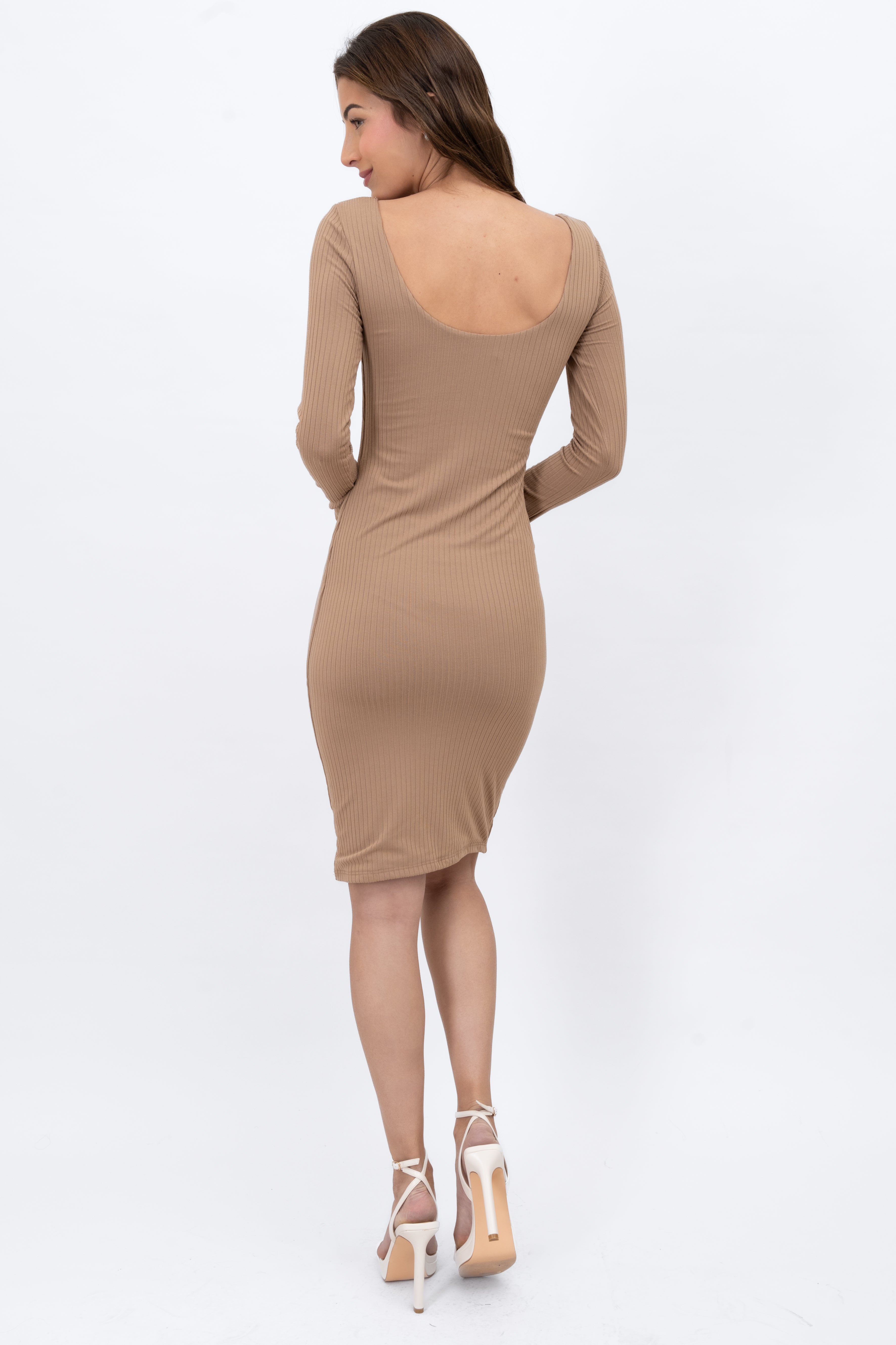 Basic Long Sleeve Ribbed Knit Dress TAUPE