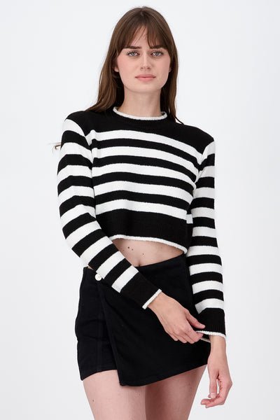 Long Sleeve Thick Striped Print Knit Crop Top BLACK COMBO