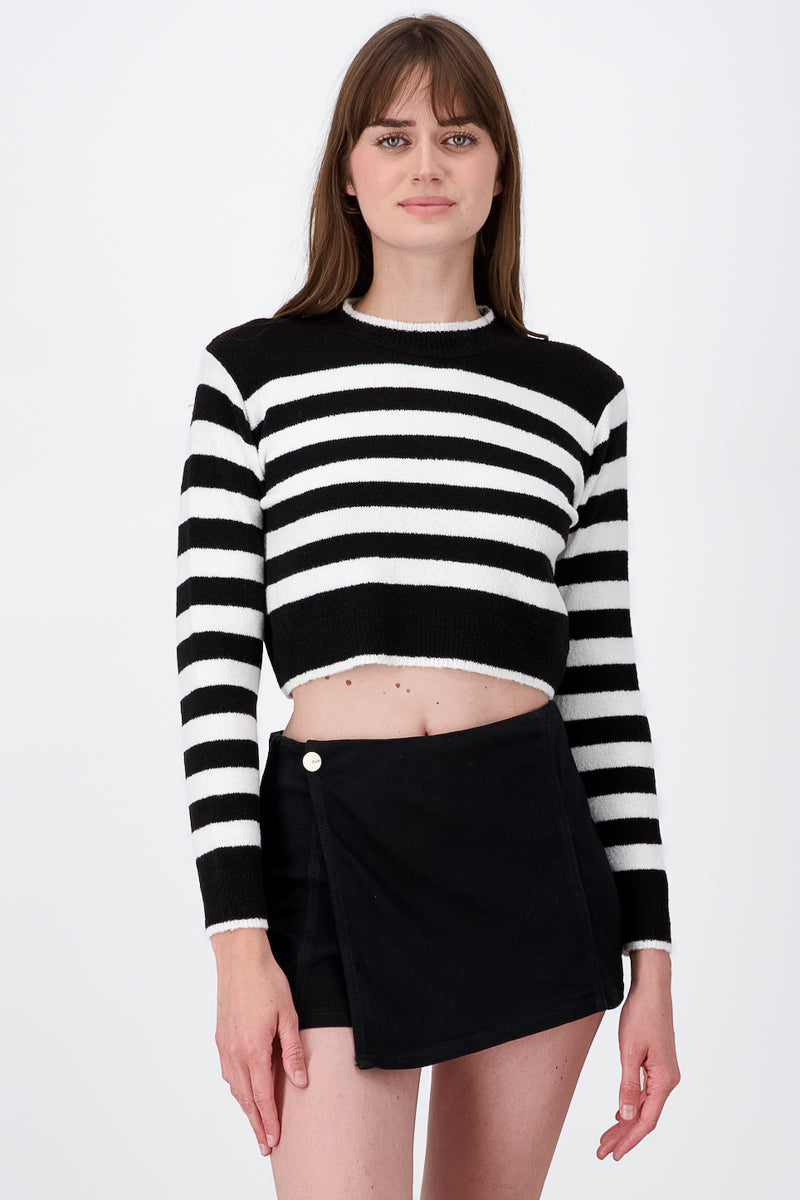 Long Sleeve Thick Striped Print Knit Crop Top BLACK COMBO