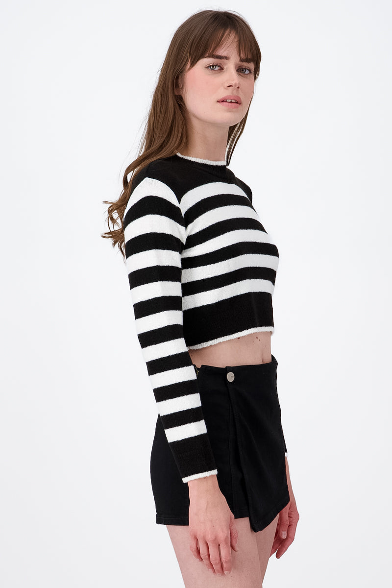 Long Sleeve Thick Striped Print Knit Crop Top BLACK COMBO