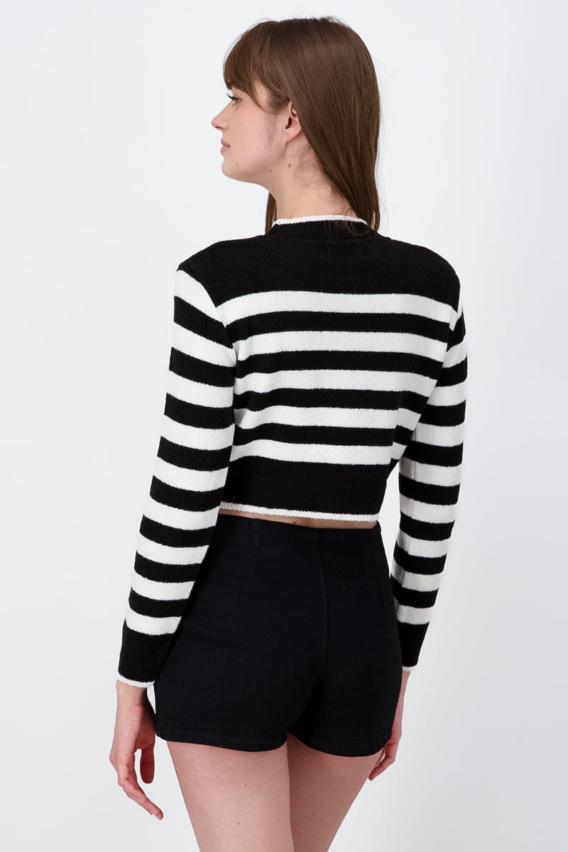 Long Sleeve Thick Striped Print Knit Crop Top BLACK COMBO