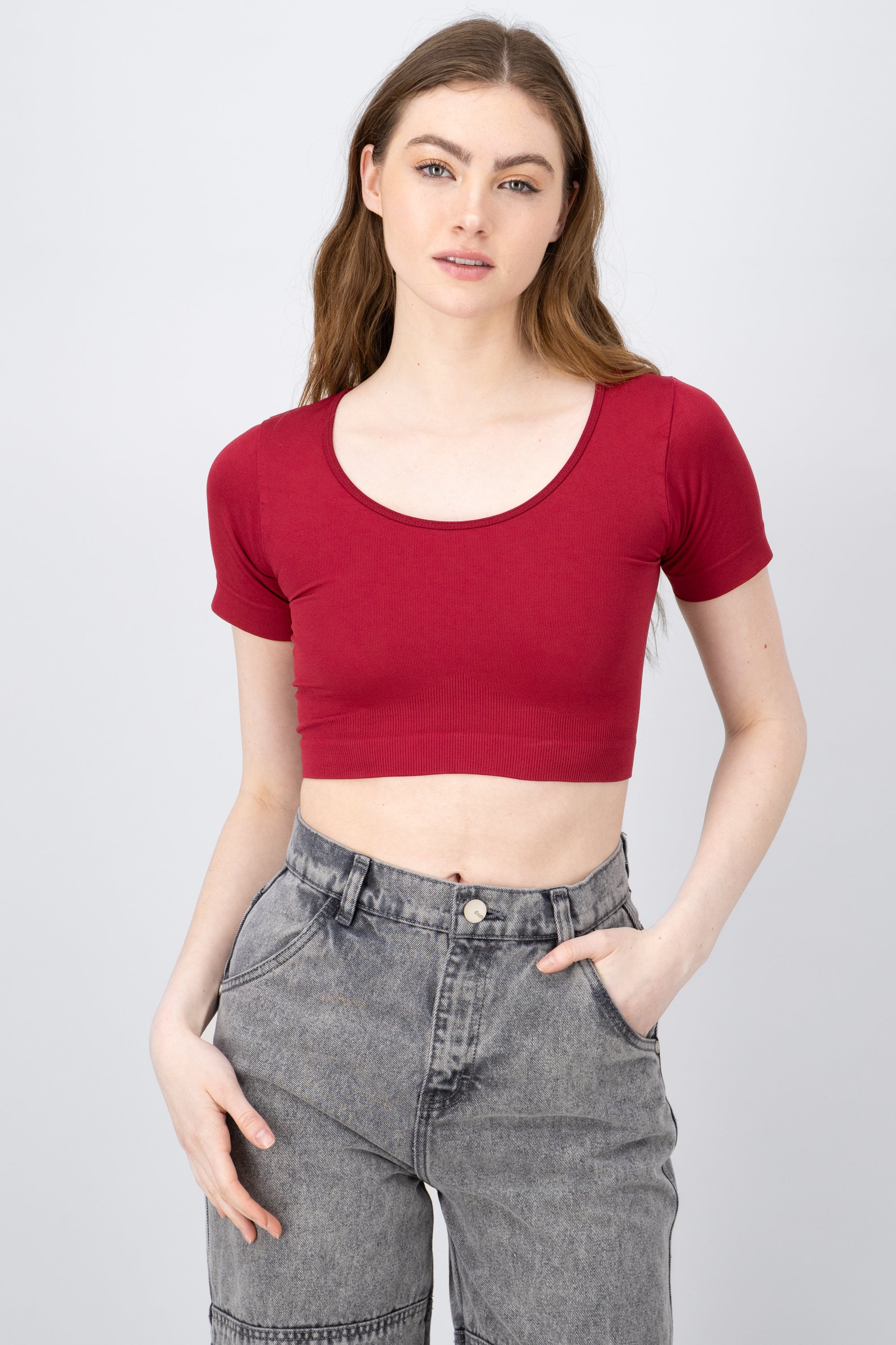 Round Neck Scoop Crop Top BURGUNDY