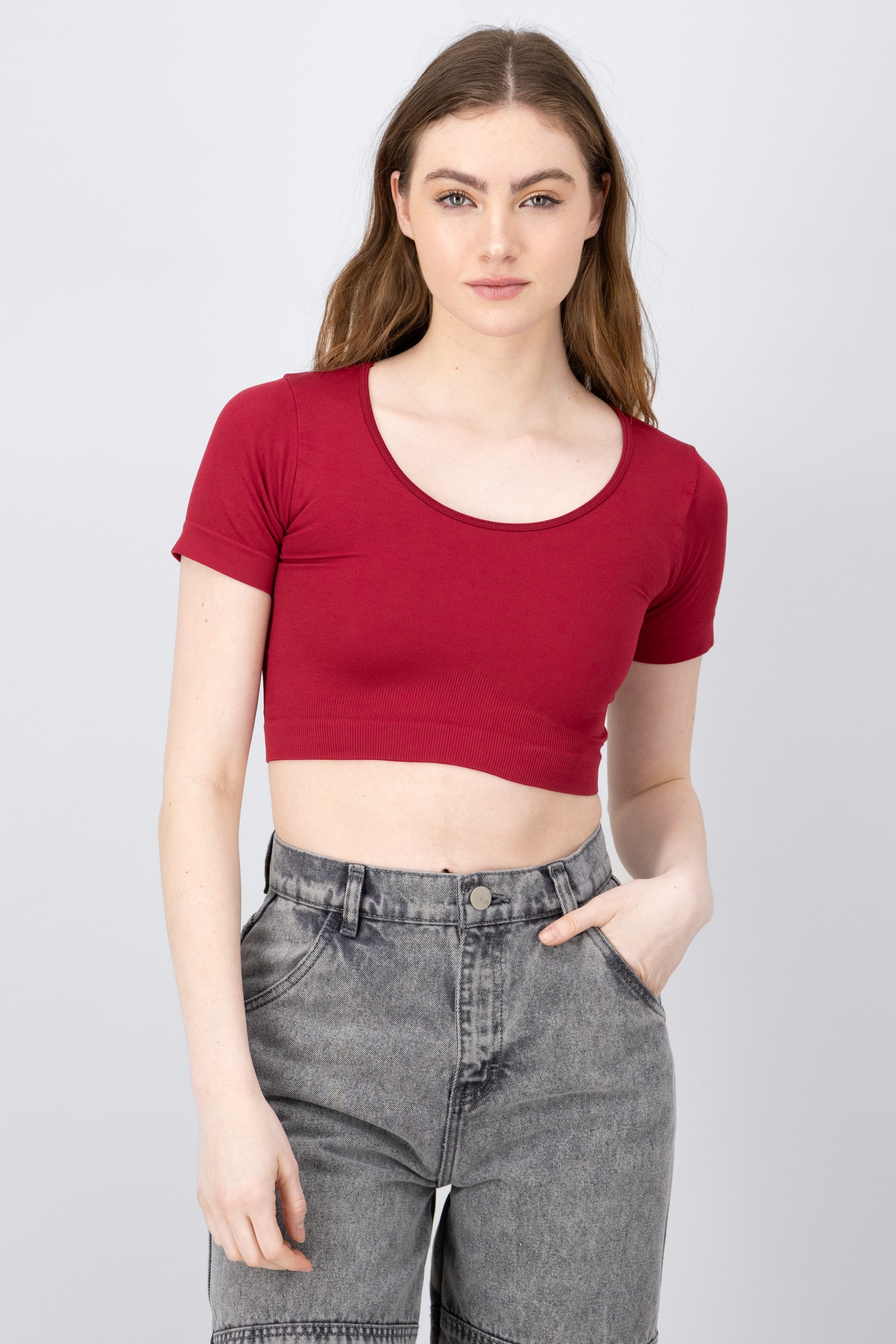 Round Neck Scoop Crop Top BURGUNDY