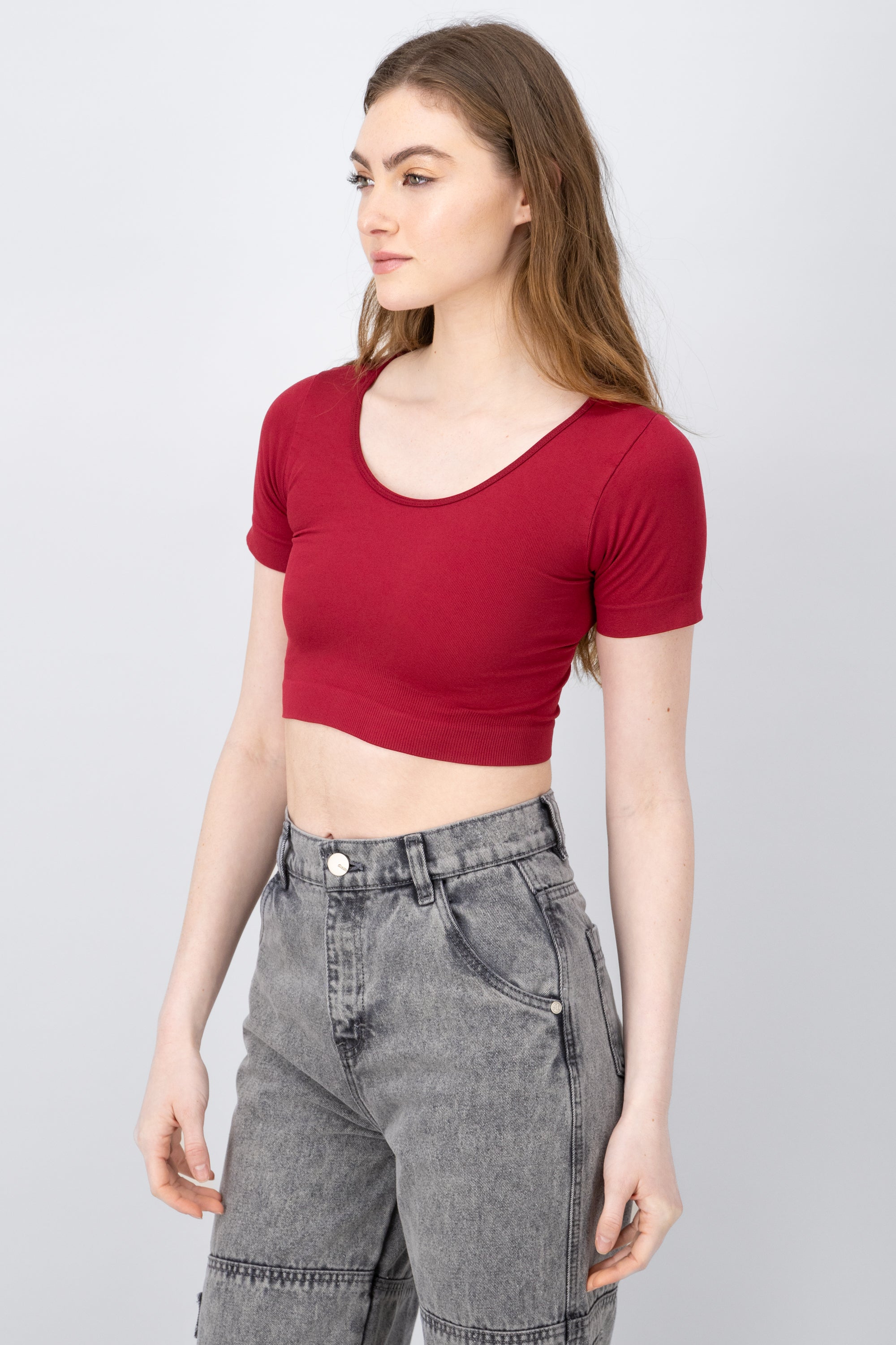 Round Neck Scoop Crop Top BURGUNDY