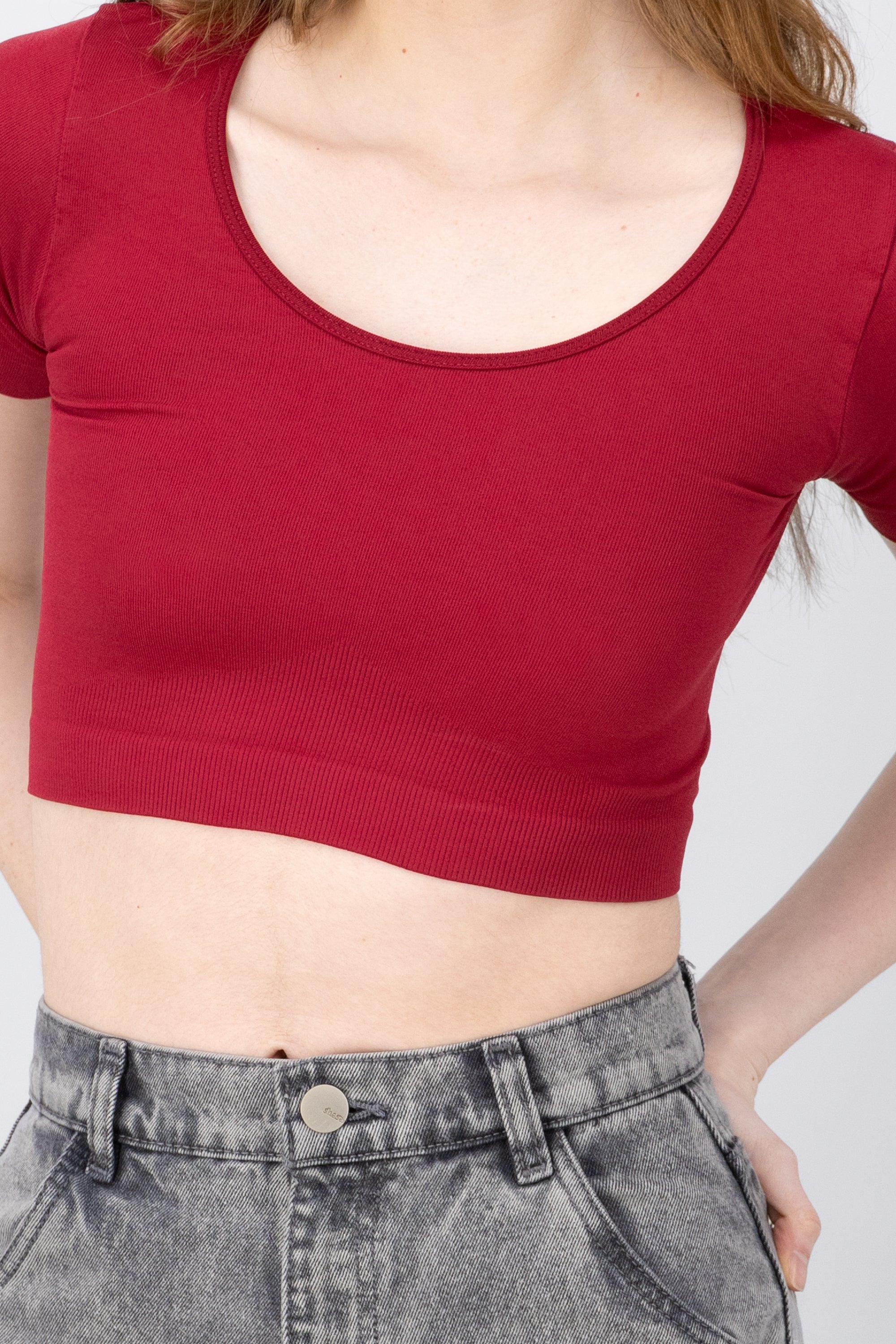 Round Neck Scoop Crop Top BURGUNDY