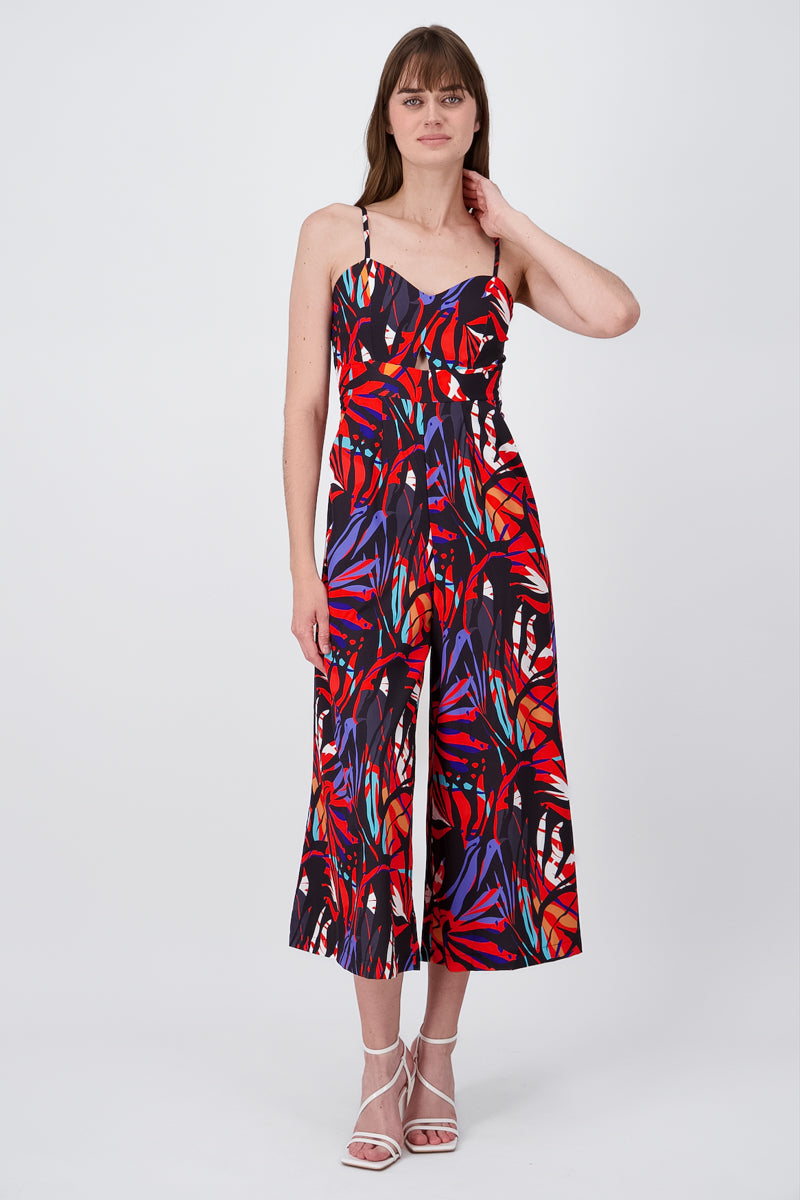 Tropical Print Fluid VNeck Jumpsuit BLACK