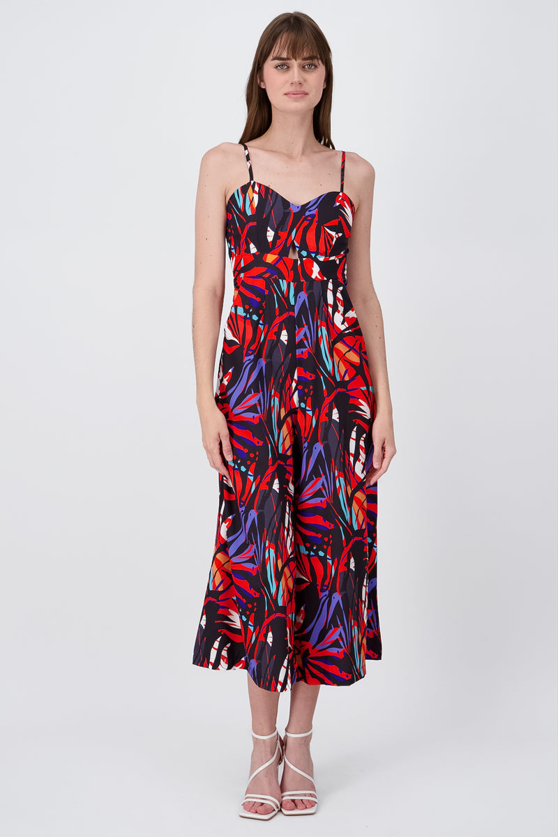 Tropical Print Fluid VNeck Jumpsuit BLACK