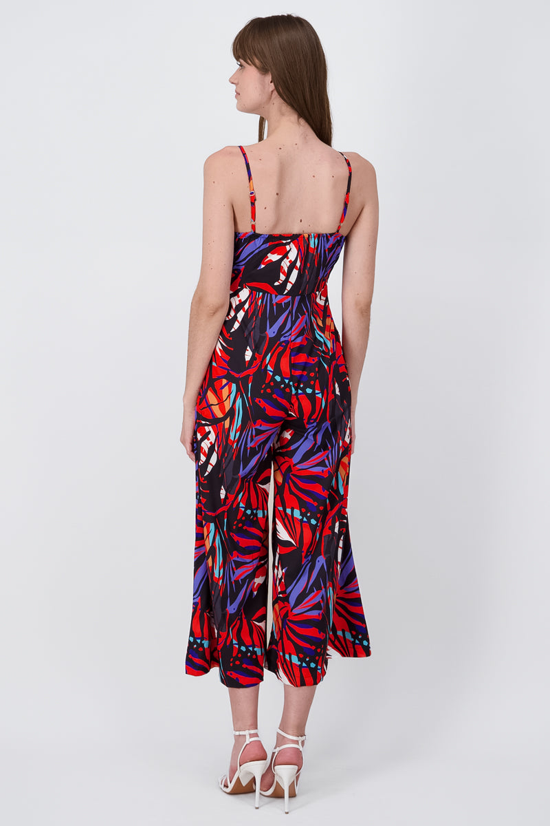 Tropical Print Fluid VNeck Jumpsuit BLACK