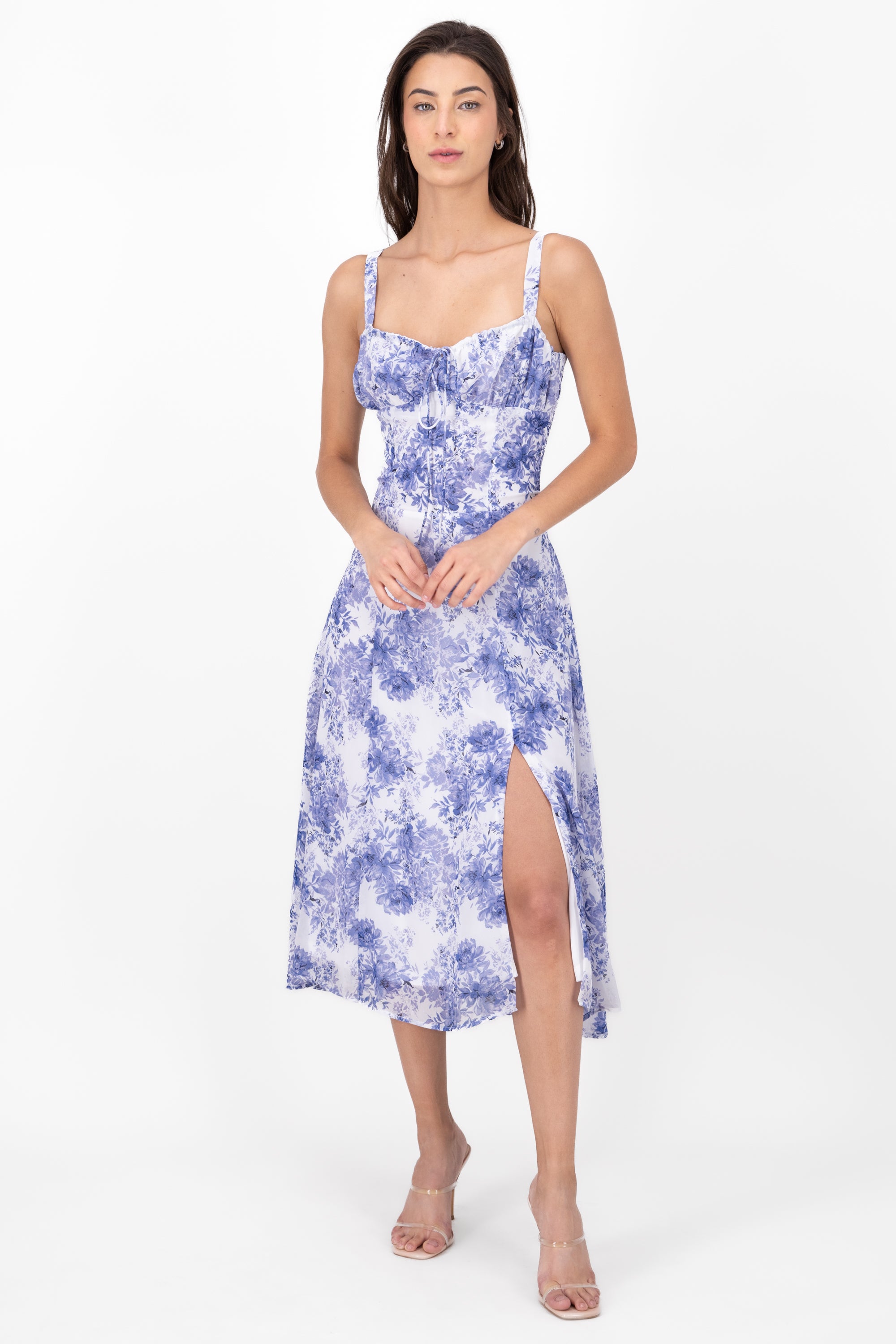 Flower Printed Bustier SideSplit Maxi Dress BLUE COMBO