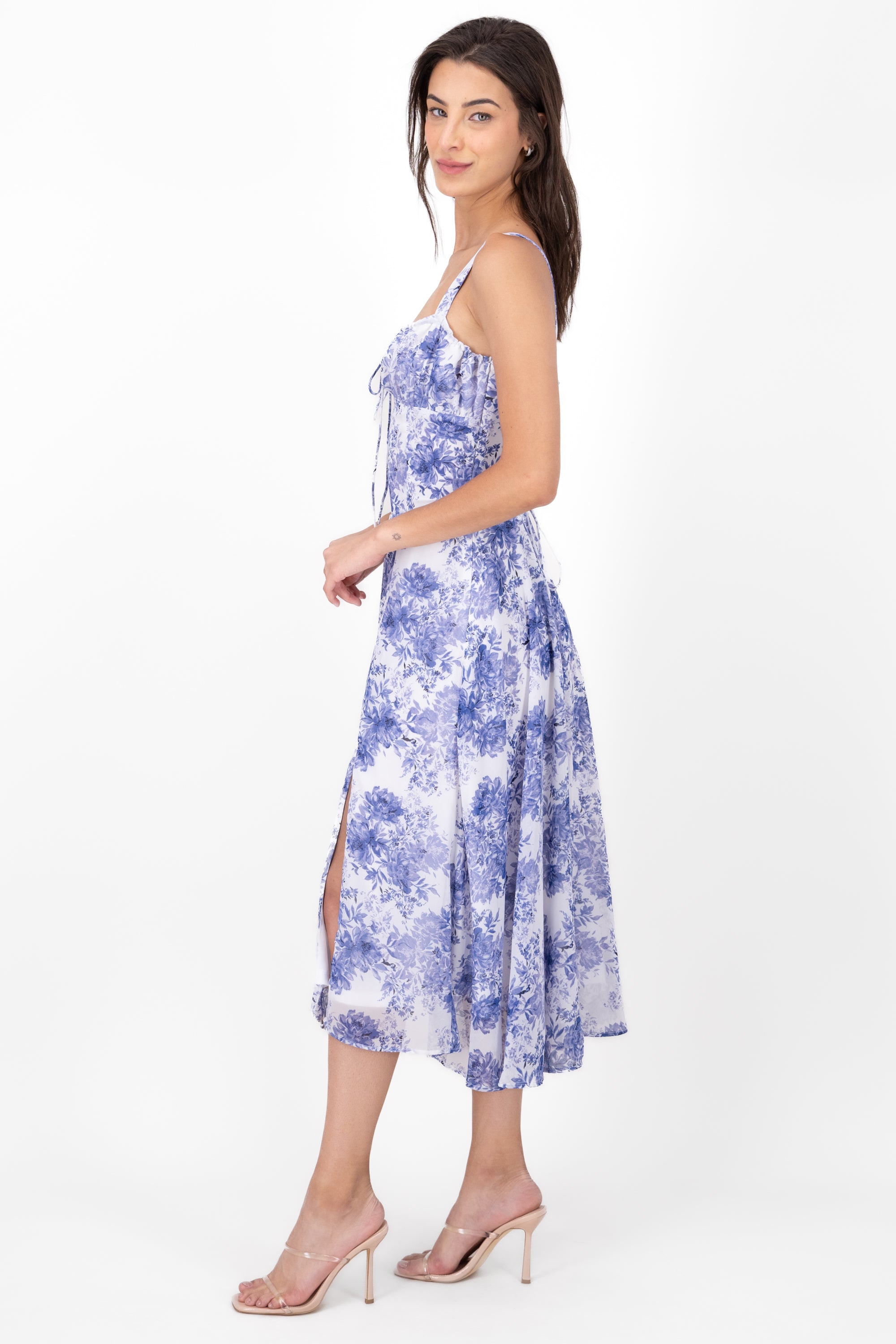 Flower Printed Bustier SideSplit Maxi Dress BLUE COMBO