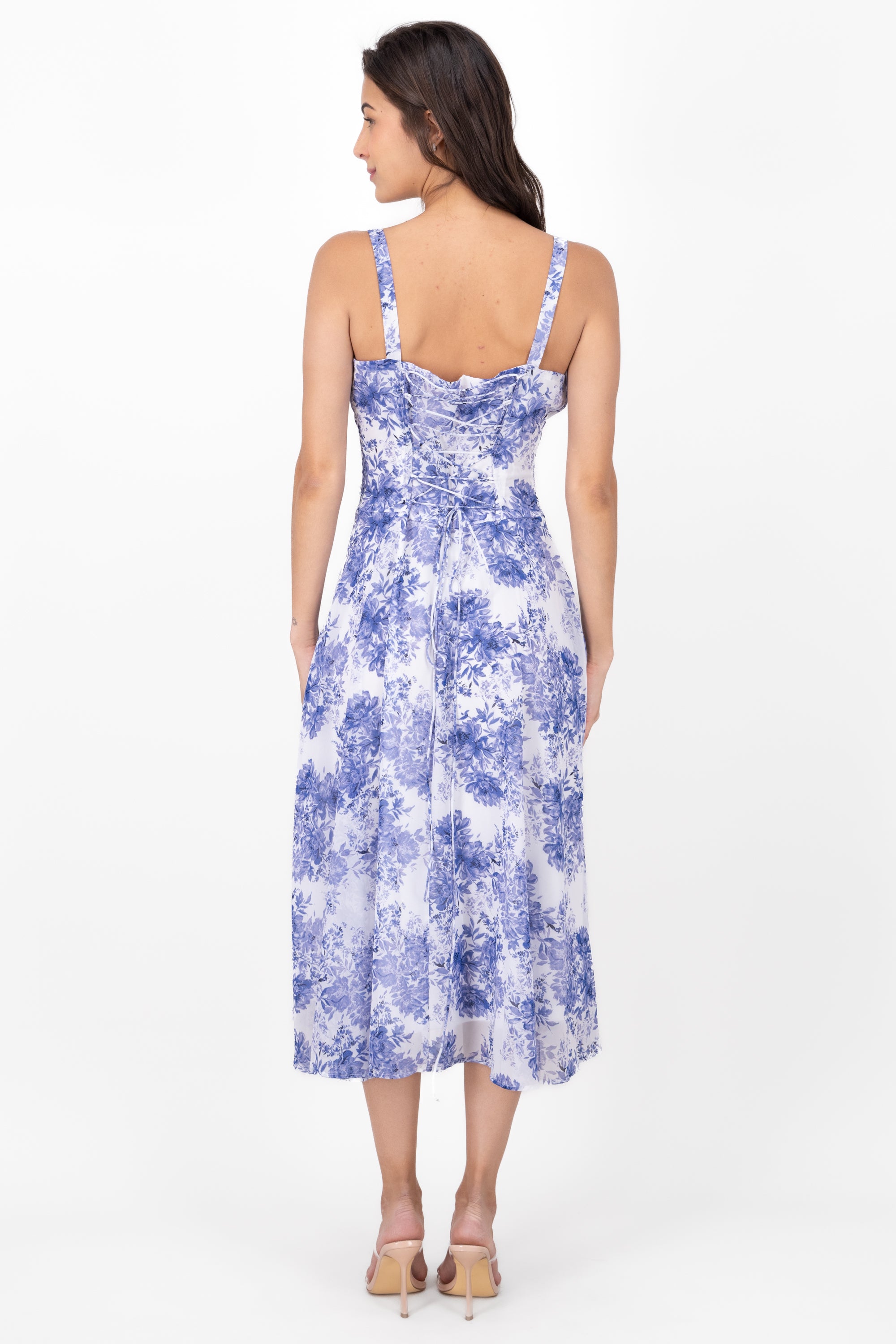 Flower Printed Bustier SideSplit Maxi Dress BLUE COMBO