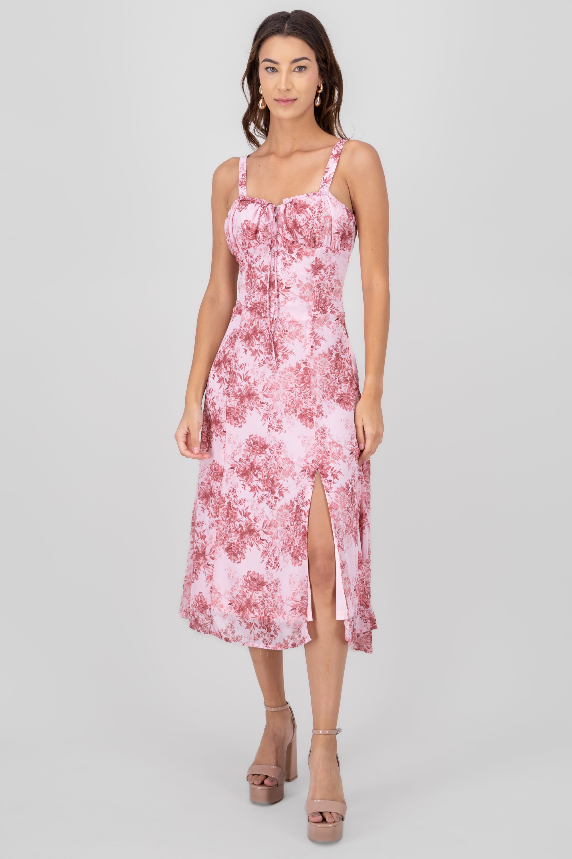 Flower Printed Bustier SideSplit Maxi Dress PINK COMBO