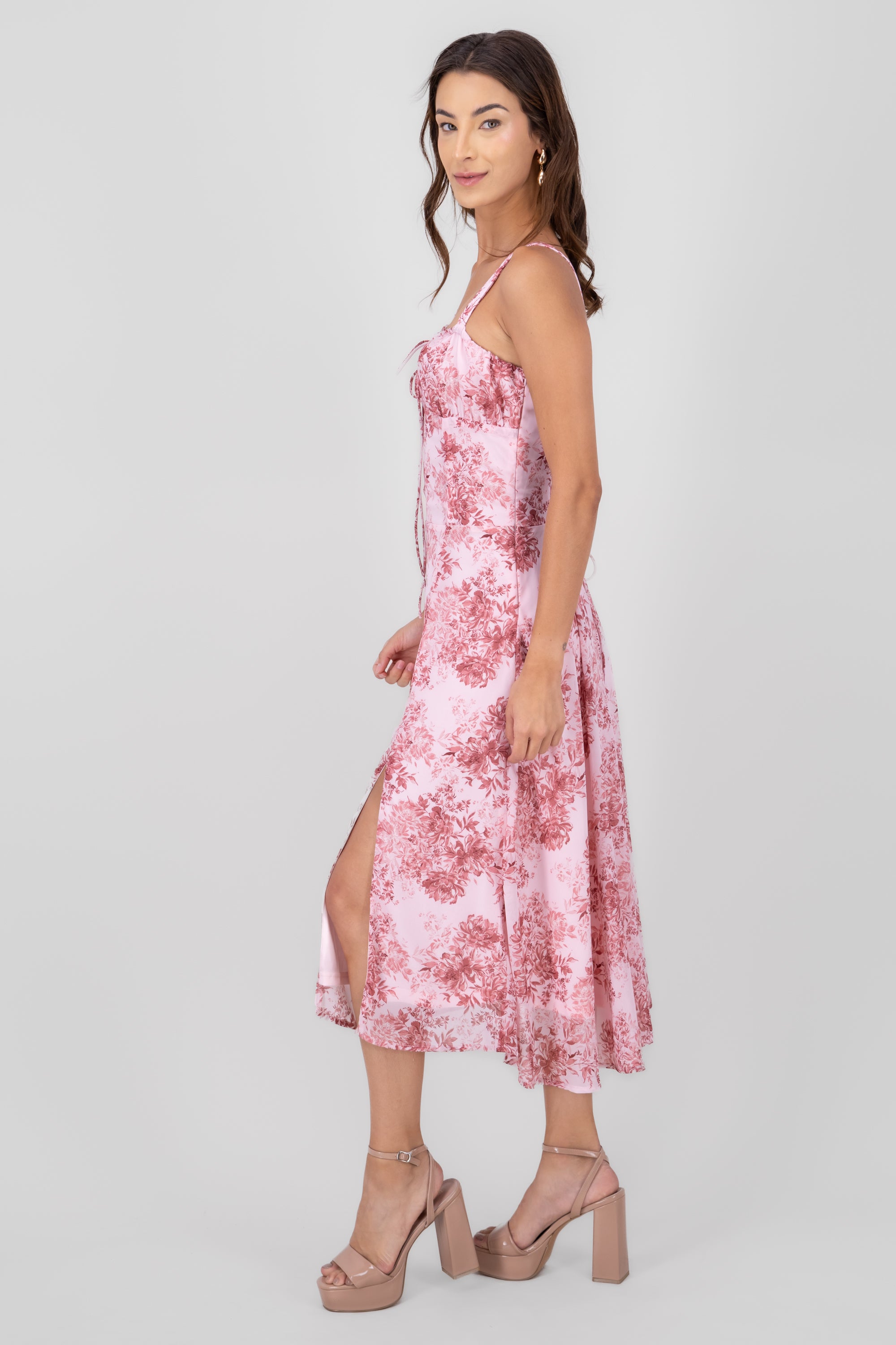 Flower Printed Bustier SideSplit Maxi Dress PINK COMBO