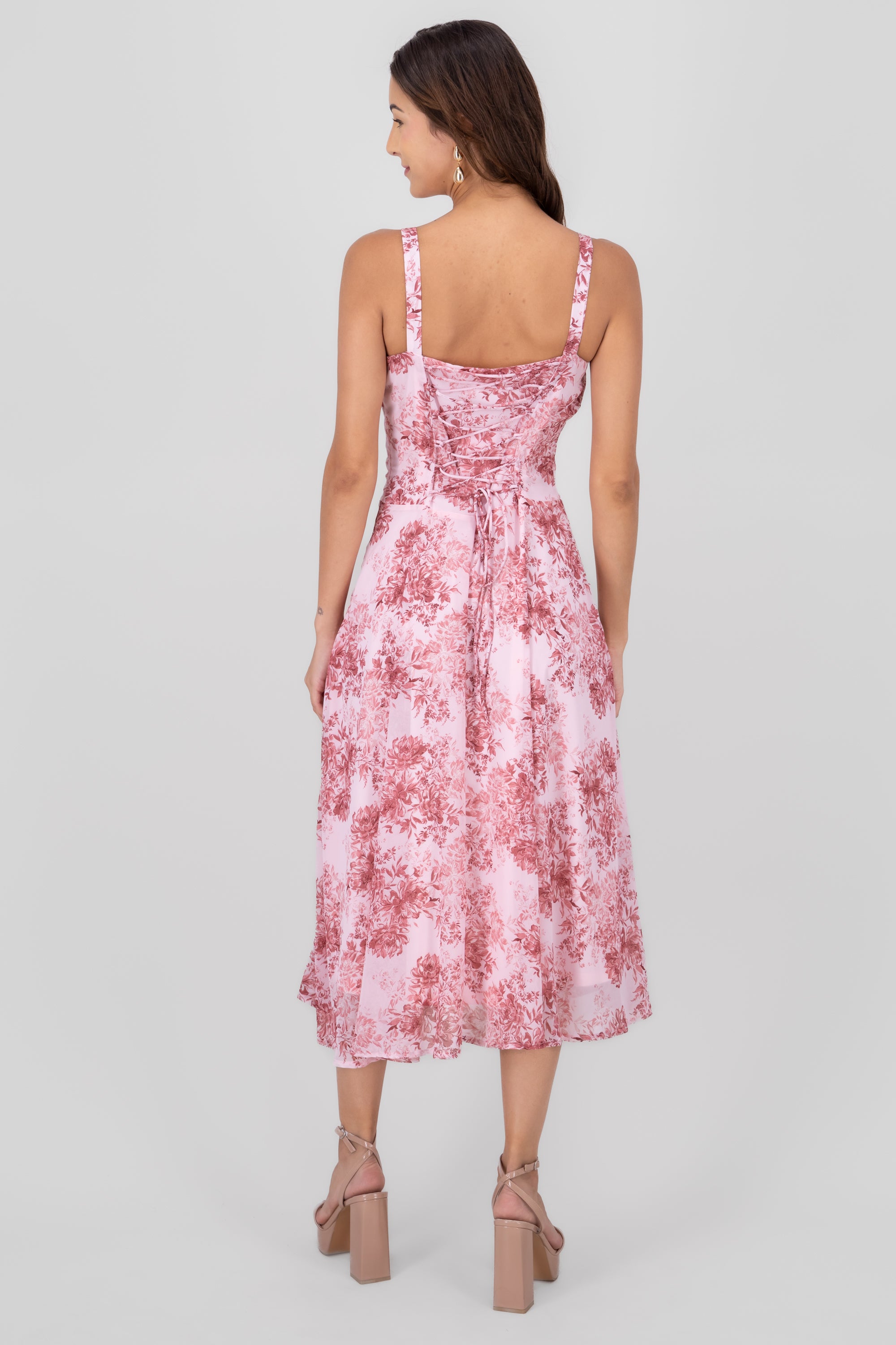 Flower Printed Bustier SideSplit Maxi Dress PINK COMBO