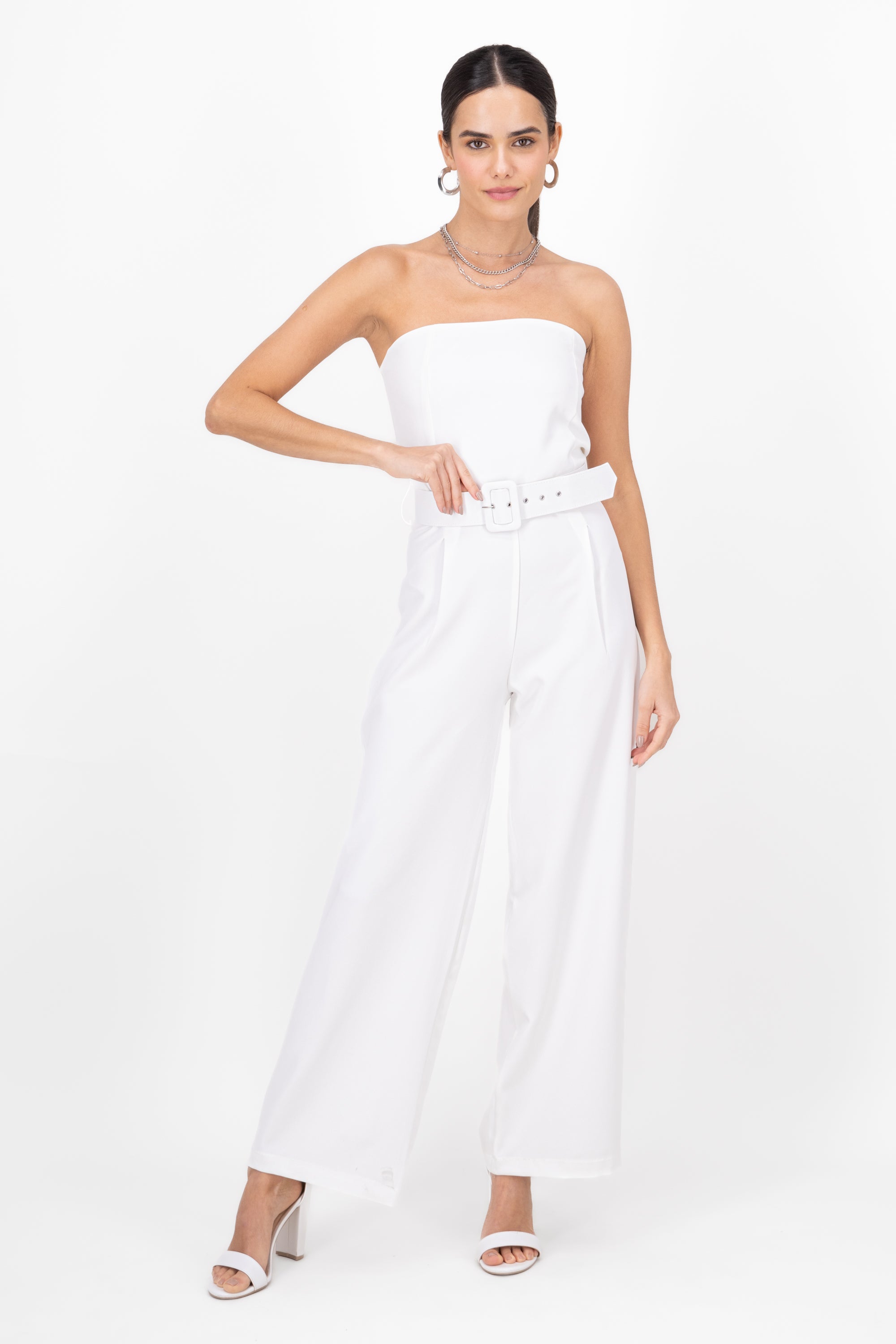 Plain Jumpsuit With Belt WHITE