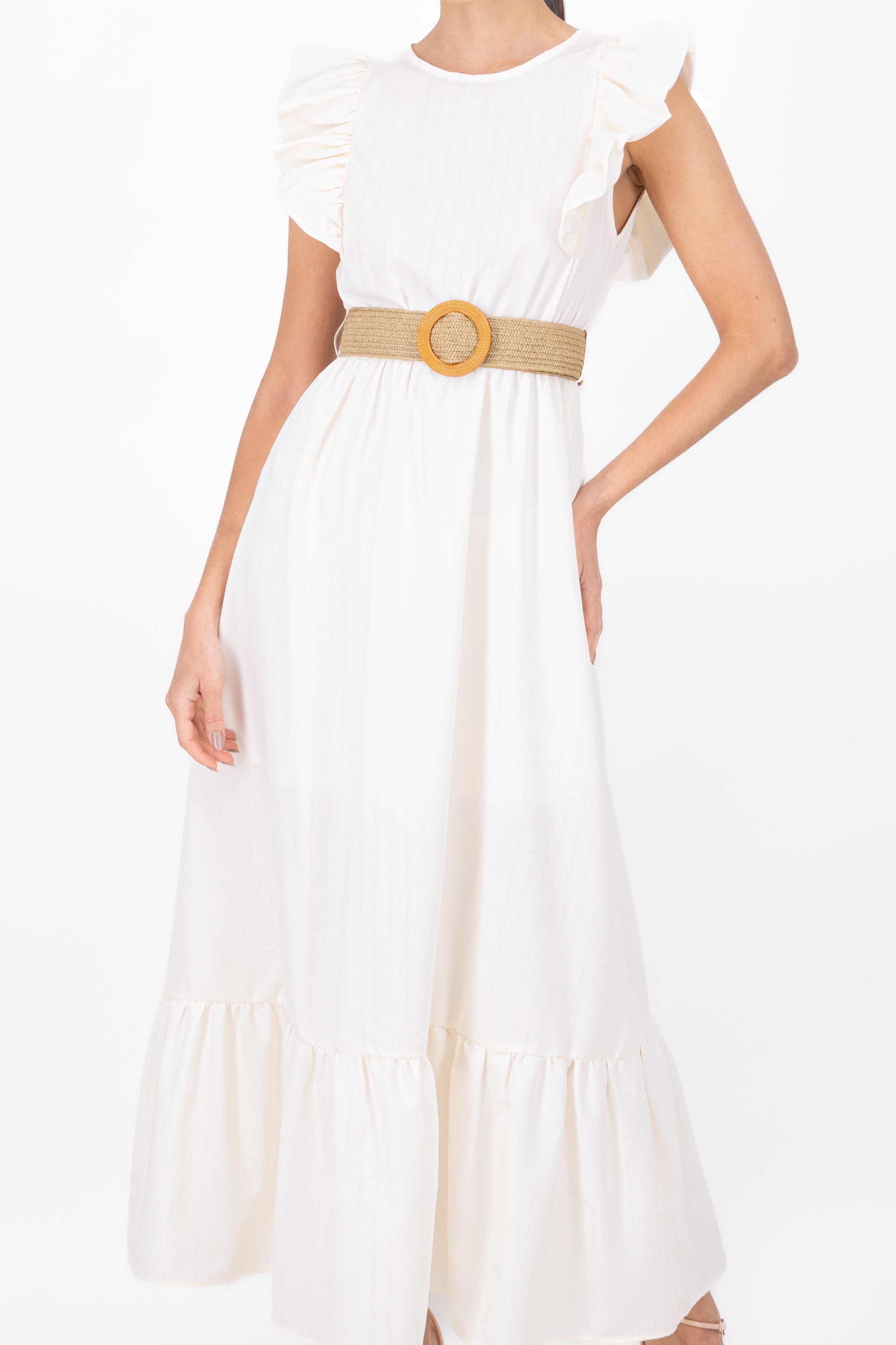 Hipster Linen Belted Maxi Dress IVORY