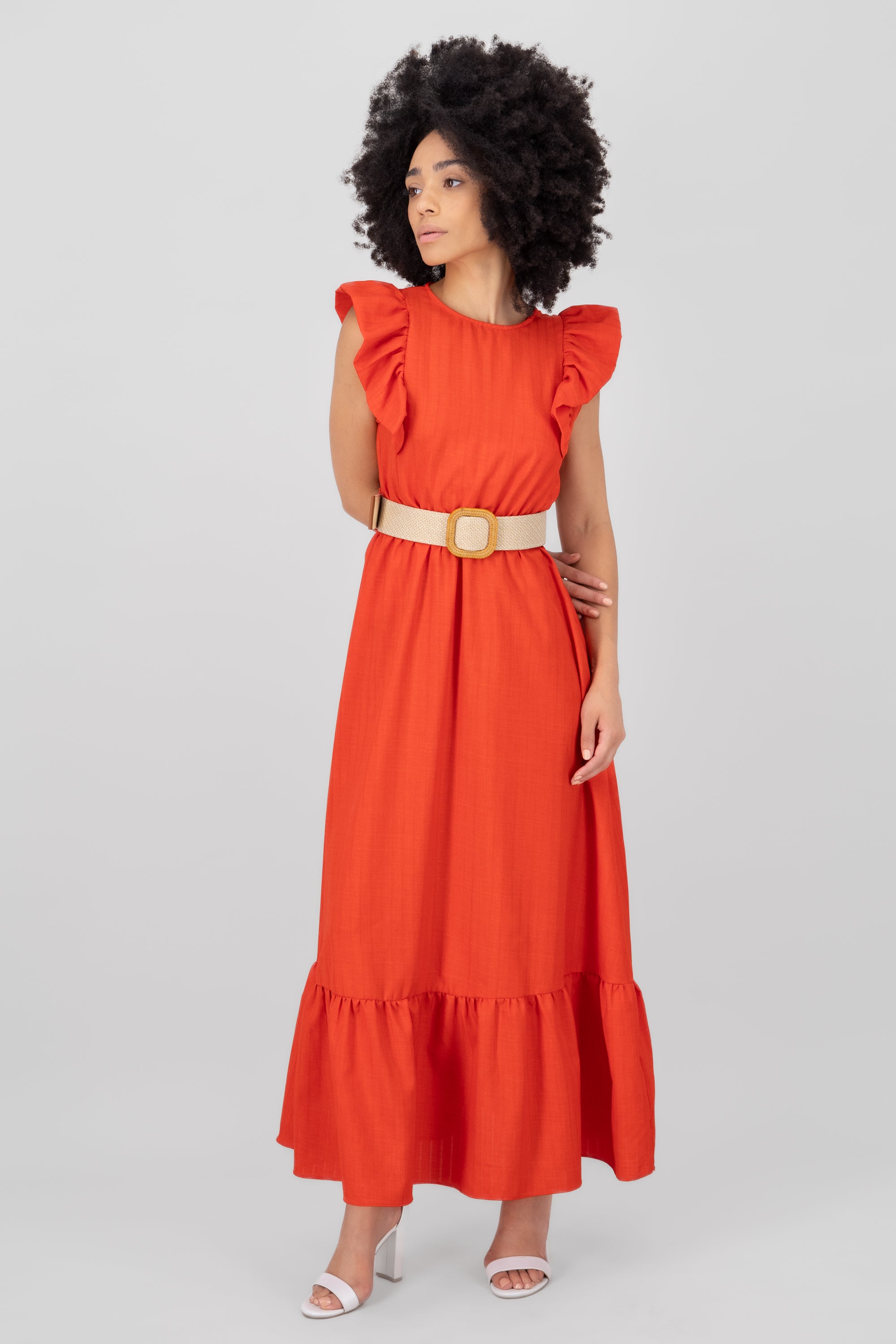 Hipster Linen Belted Maxi Dress RED