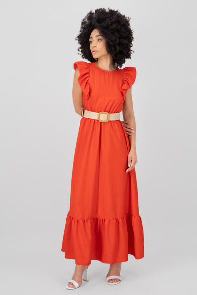 Hipster Linen Belted Maxi Dress PINK