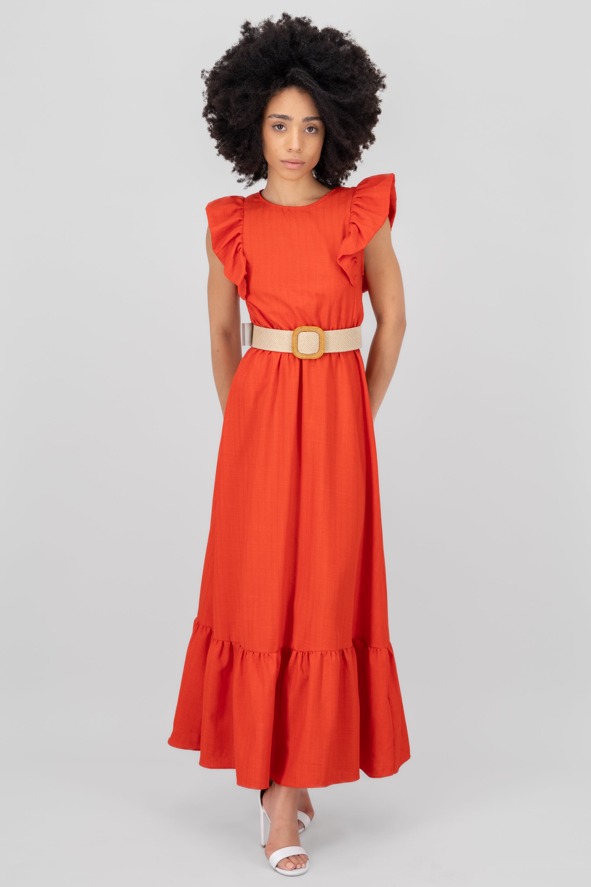 Hipster Linen Belted Maxi Dress RED