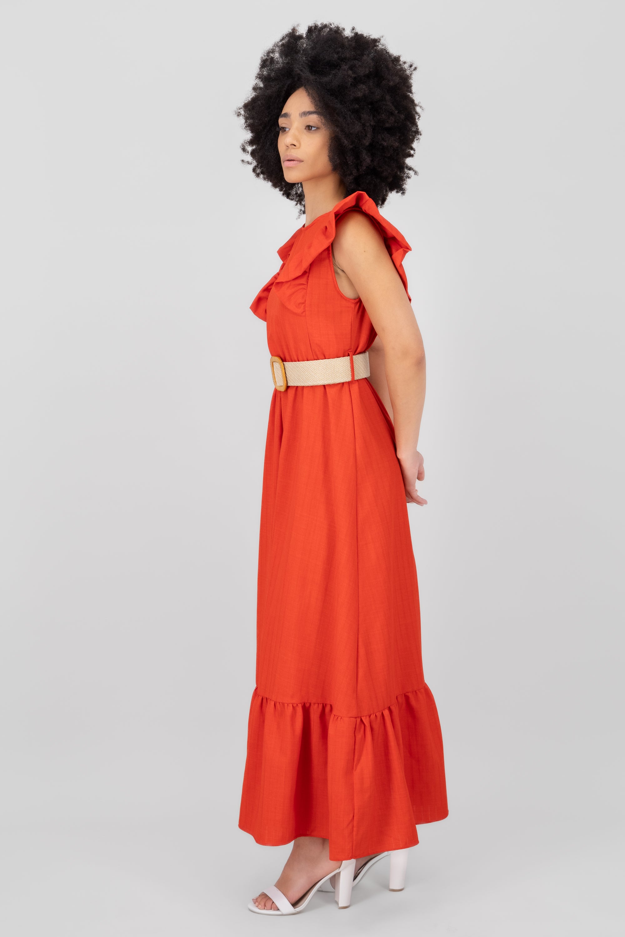 Hipster Linen Belted Maxi Dress RED