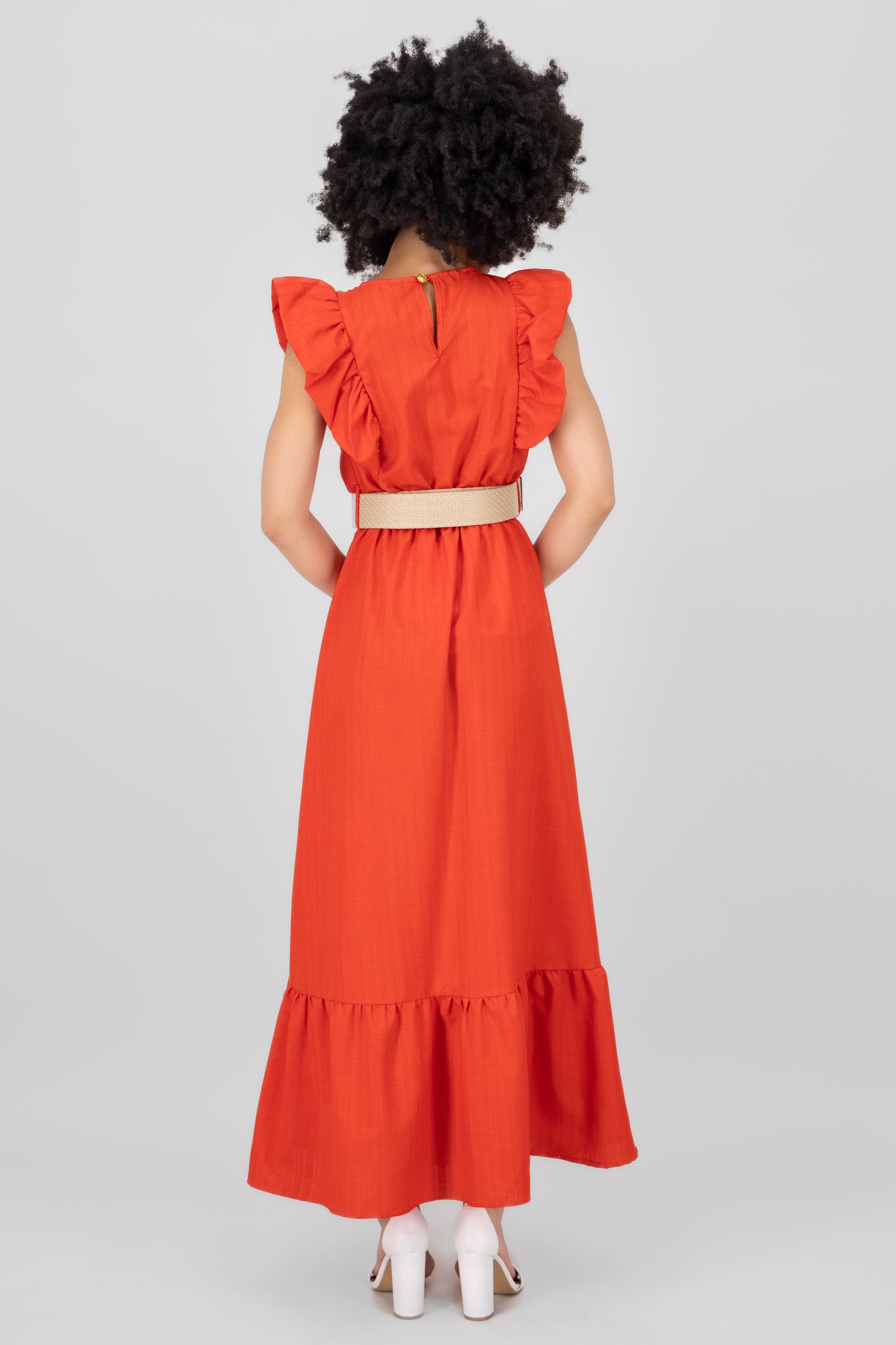 Hipster Linen Belted Maxi Dress RED