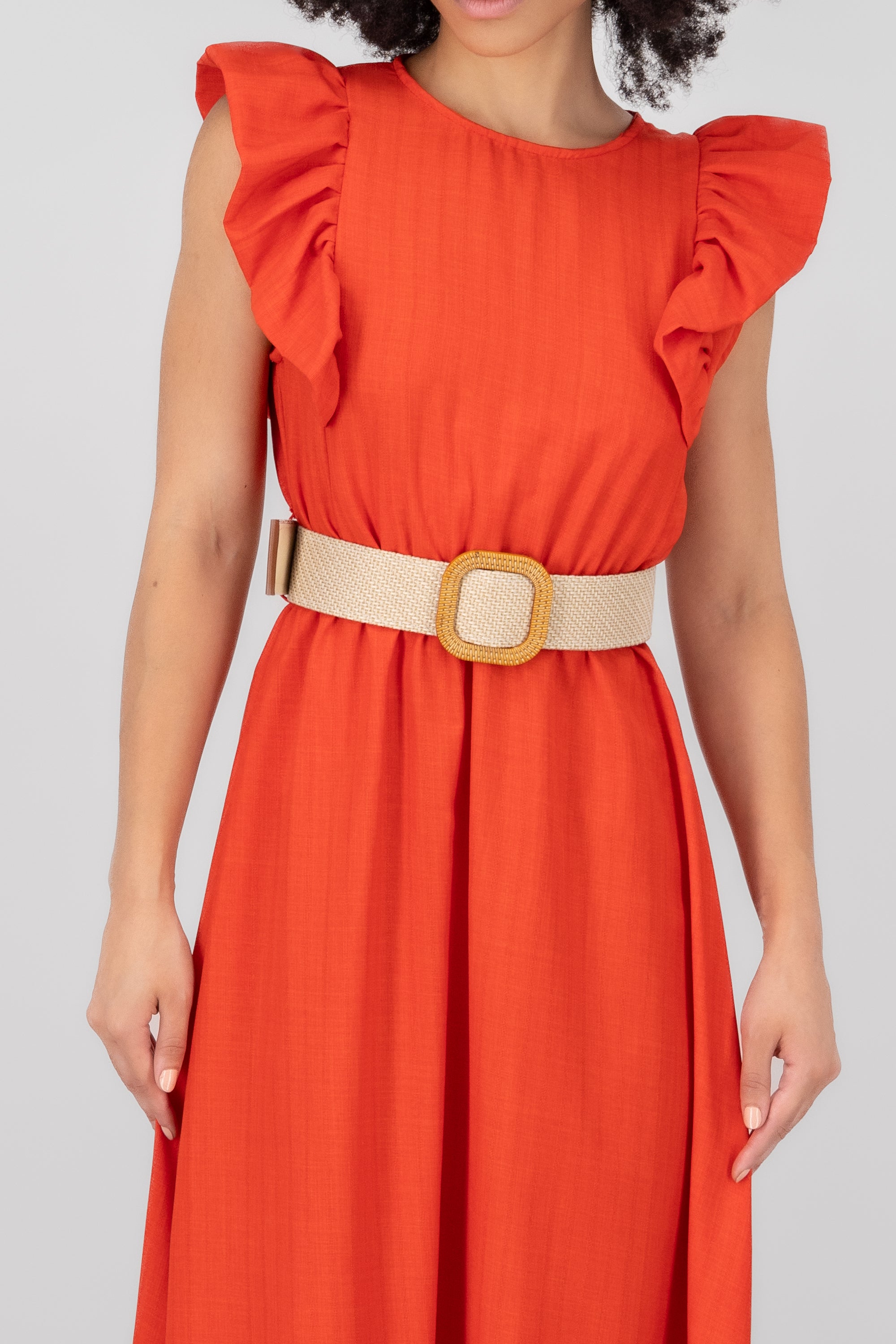 Hipster Linen Belted Maxi Dress RED