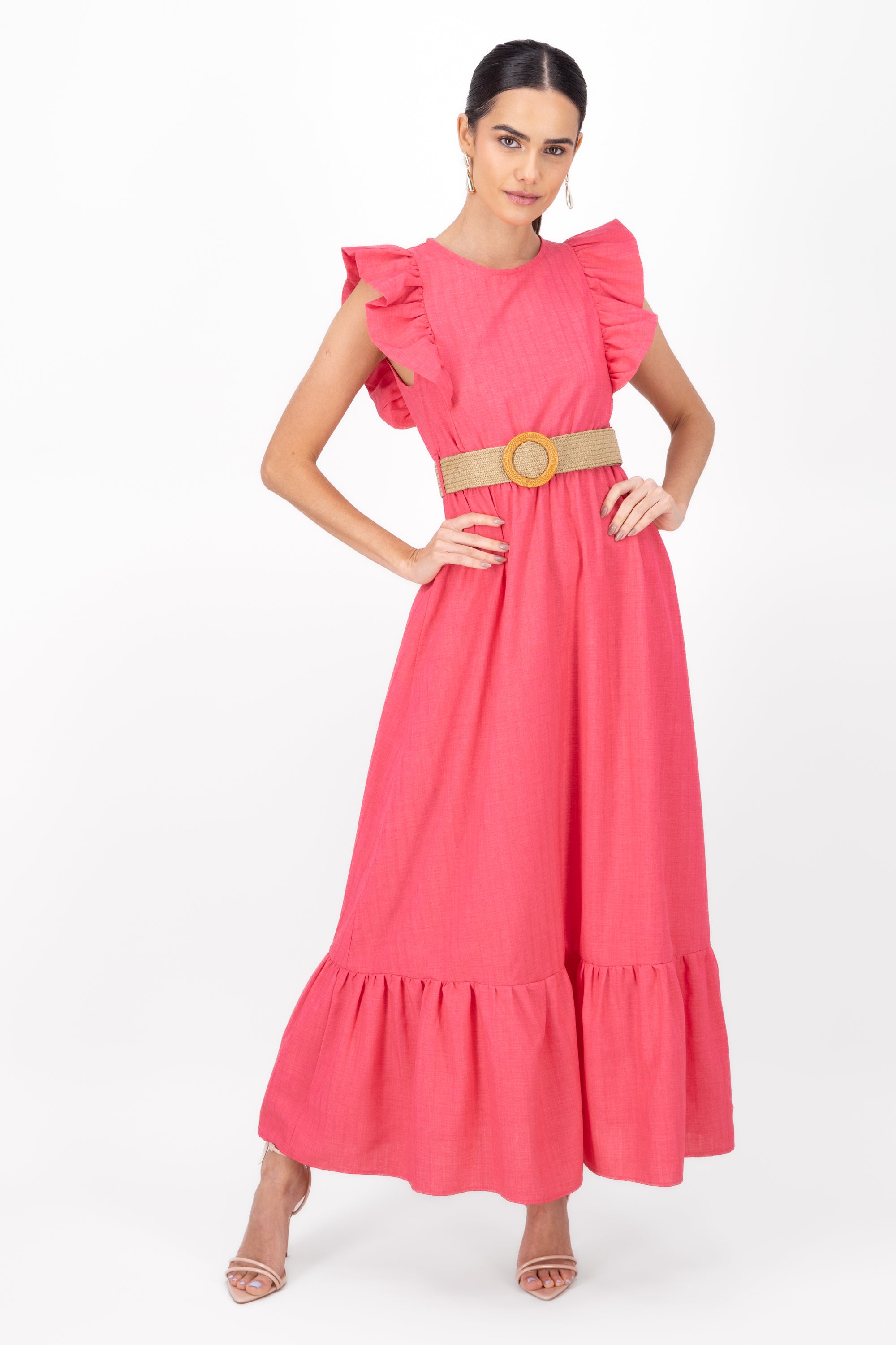 Hipster Linen Belted Maxi Dress PINK