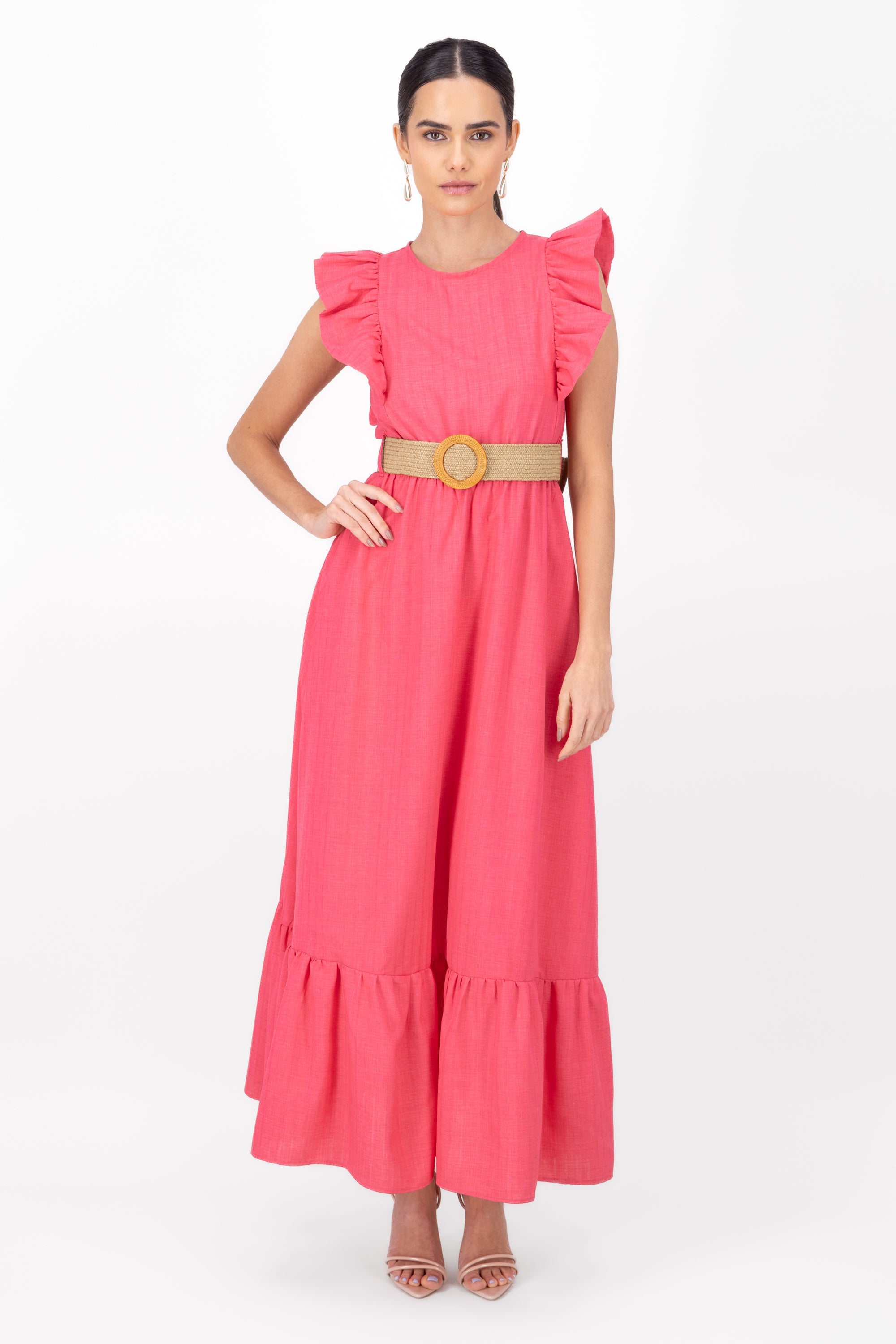 Hipster Linen Belted Maxi Dress PINK