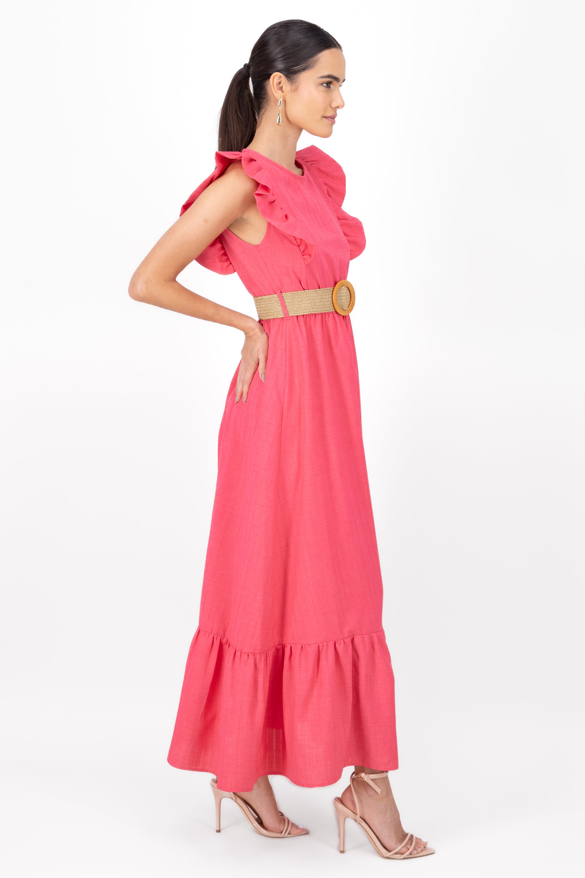 Hipster Linen Belted Maxi Dress PINK