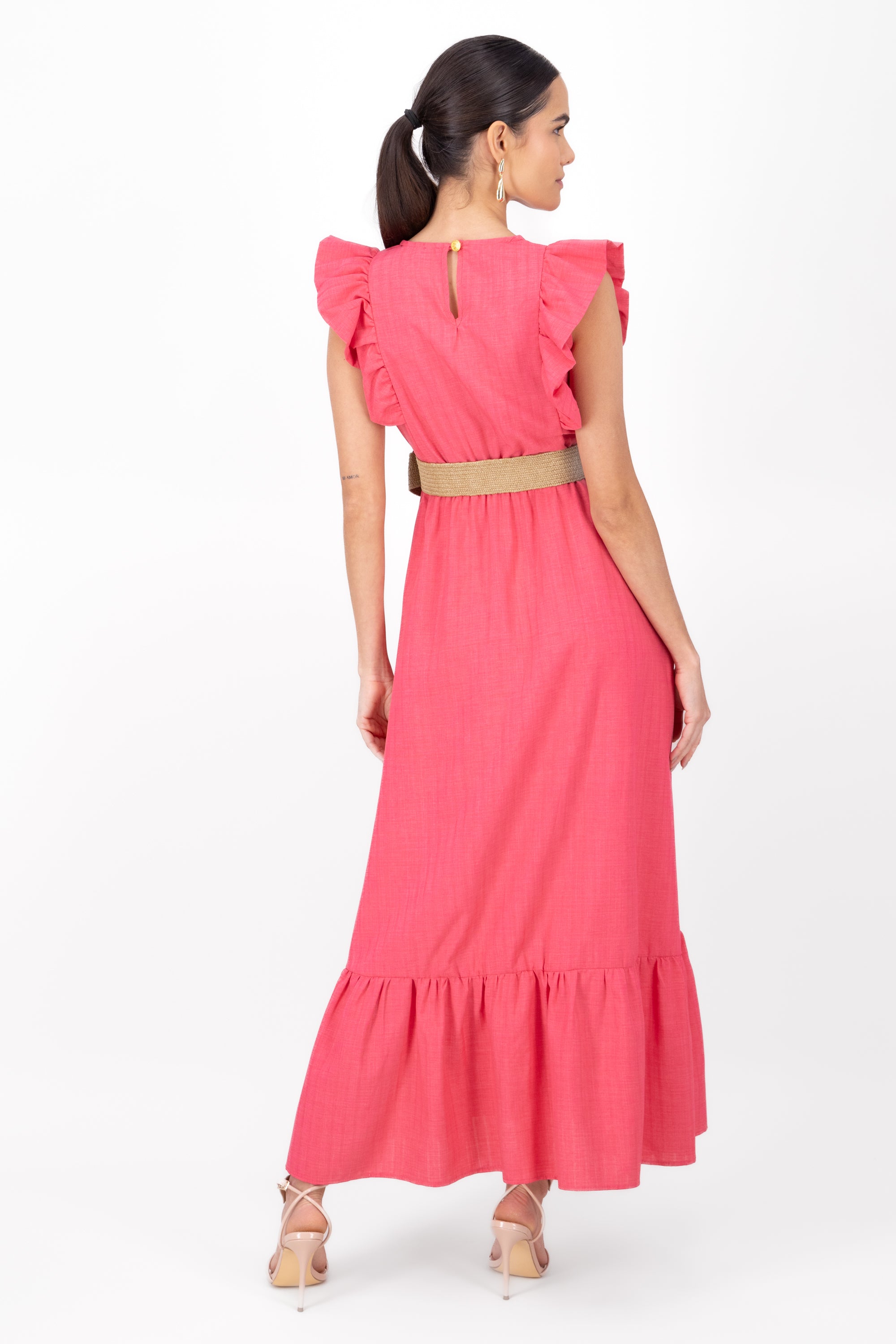 Hipster Linen Belted Maxi Dress PINK