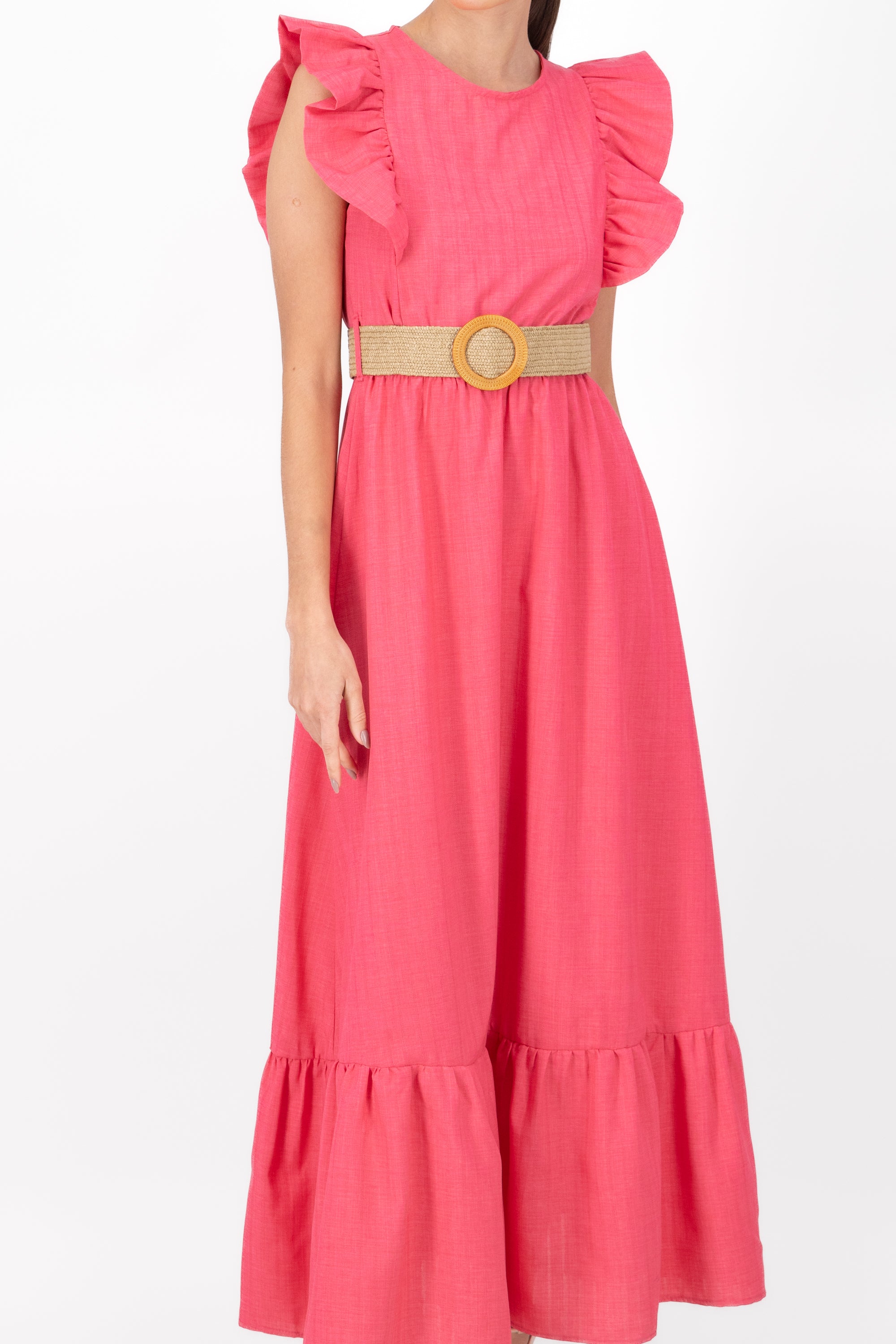 Hipster Linen Belted Maxi Dress PINK